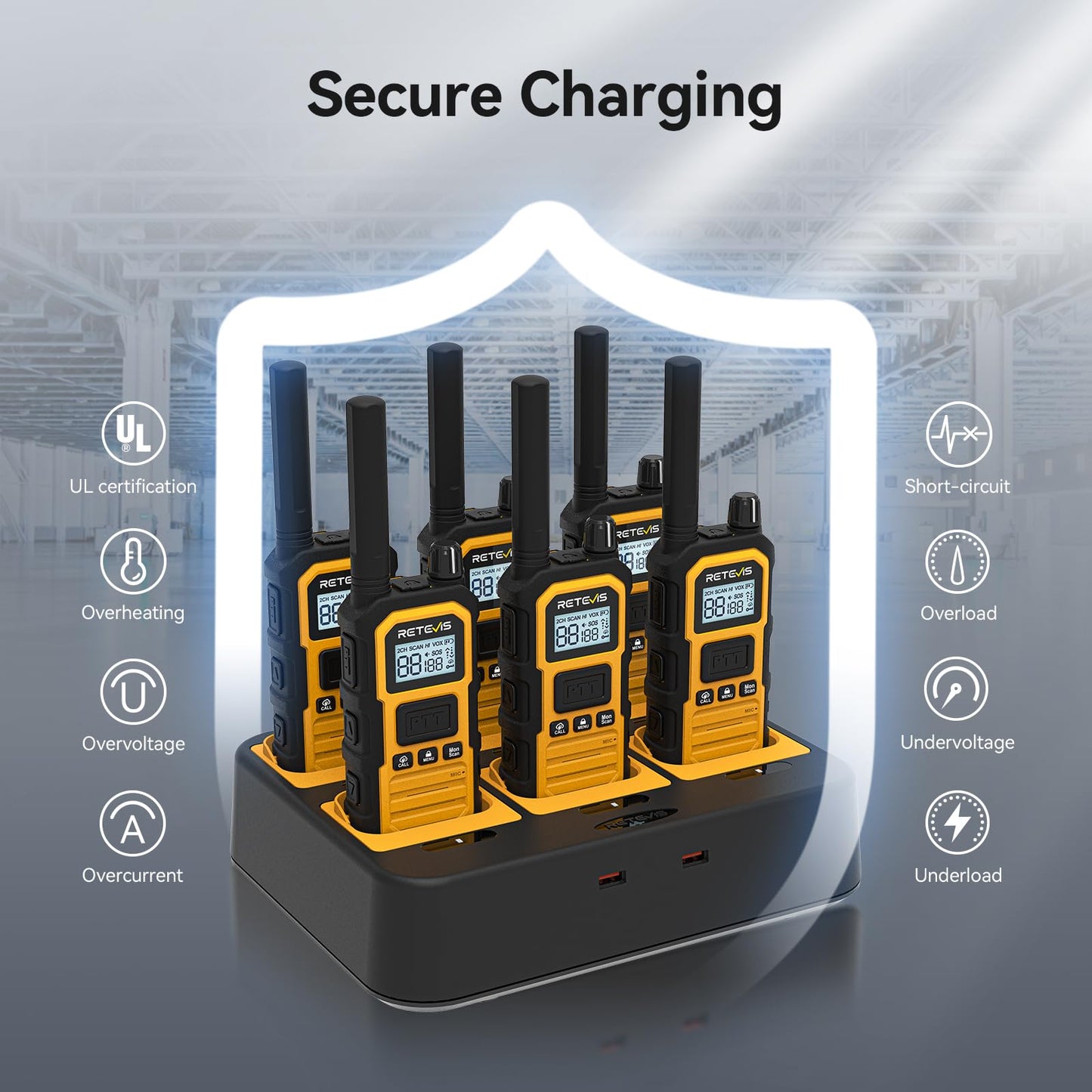 Retevis RB48 Plus Walkie Talkies Long Range, Heavy Duty Rechargeable GMRS Two Way Radios, IP67 Waterproof, Shock Resistant, Group Call, VOX,Emergency Radios(6 Pack with Gang Charger)