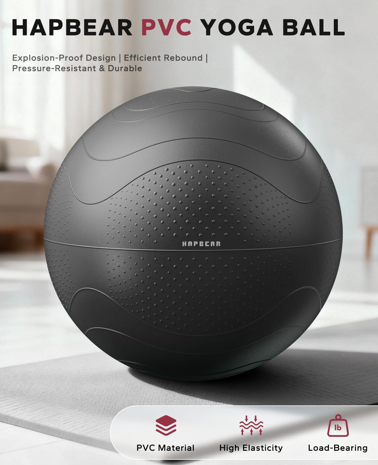HAPBEAR Exercise Ball (22''/26''/30'') - Anti-Burst Slip-Resistant Yoga/Pilates Ball for Core Training & Posture Improvement, Home Gym/Rehab/Pregnancy Ball, Quick Pump & 3 Resistance Bands Included