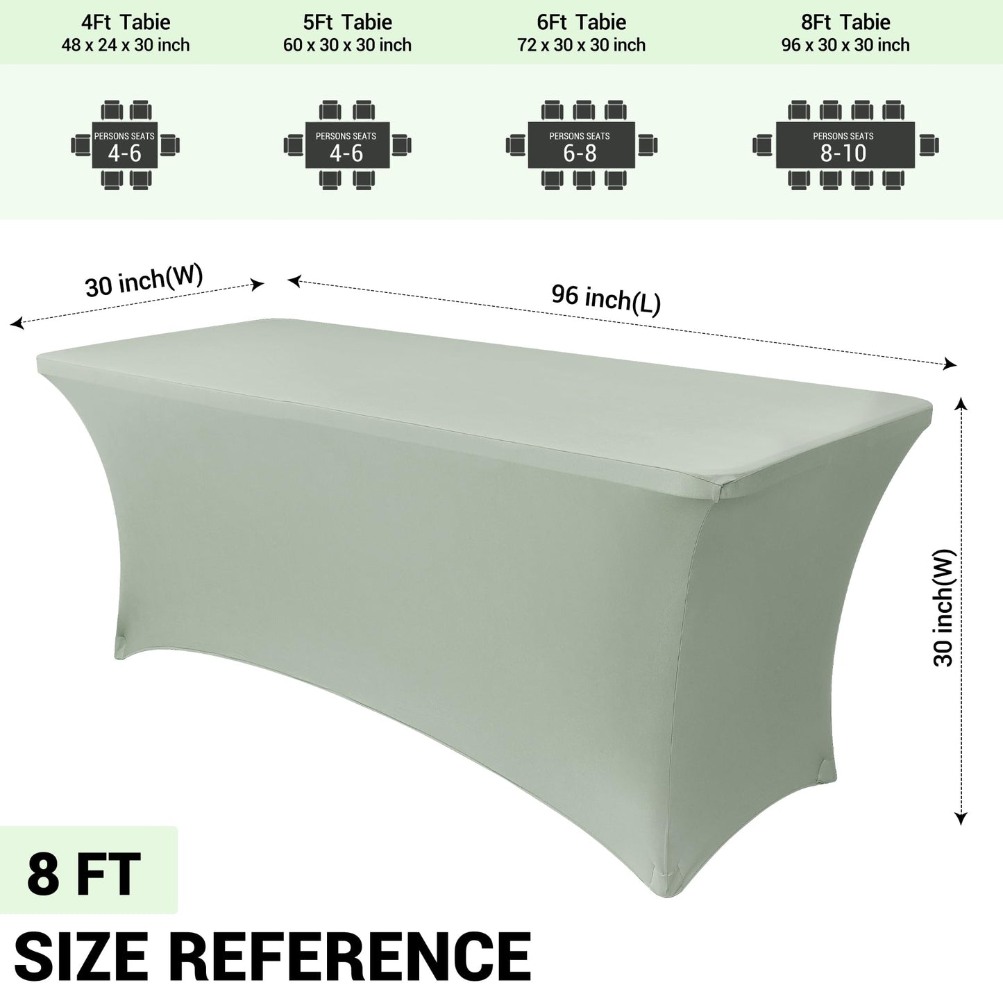 Obstal 2PC Sage Green Tablecloth - 8ft Rectangle Spandex Table Cover for Party, Events, Banquets & Weddings, Machine Washble