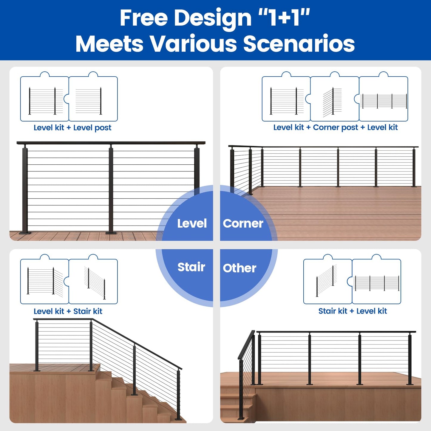 Muzata 15-20FT Modular Black Cable Railing Kit 42 Inch 4 Level Post Kit Complete Set Cable Railing System for Decks Length Adjustable Easy DIY with Paper User Guide (No Handrail) RWS1 BH4L