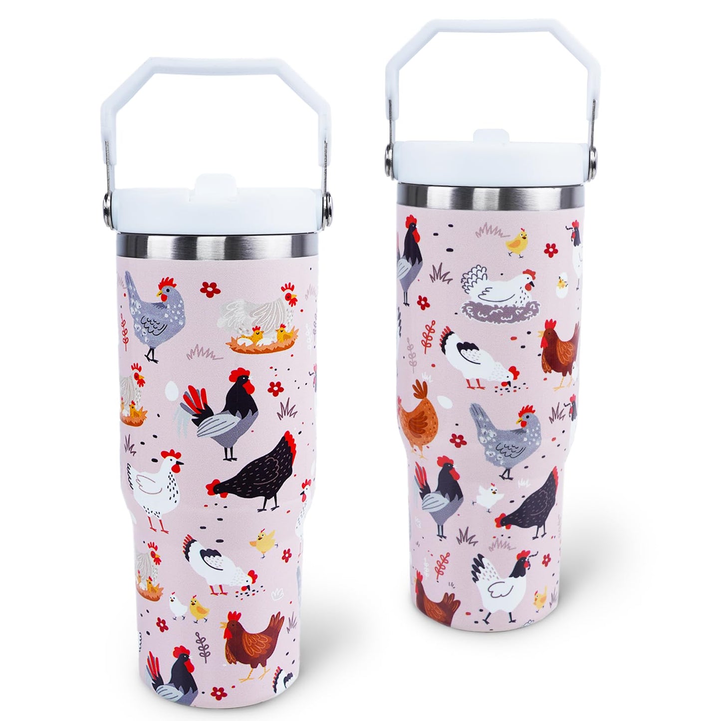 30 oz Tumbler with Handle Flip Straw Leak Proof - Chicken and Rooster Design 30oz Tumbler Travel Coffee Mug with Handle - Birthday Gifts for Women Chicken Lovers 30 Ounce Stainless Steel Cup