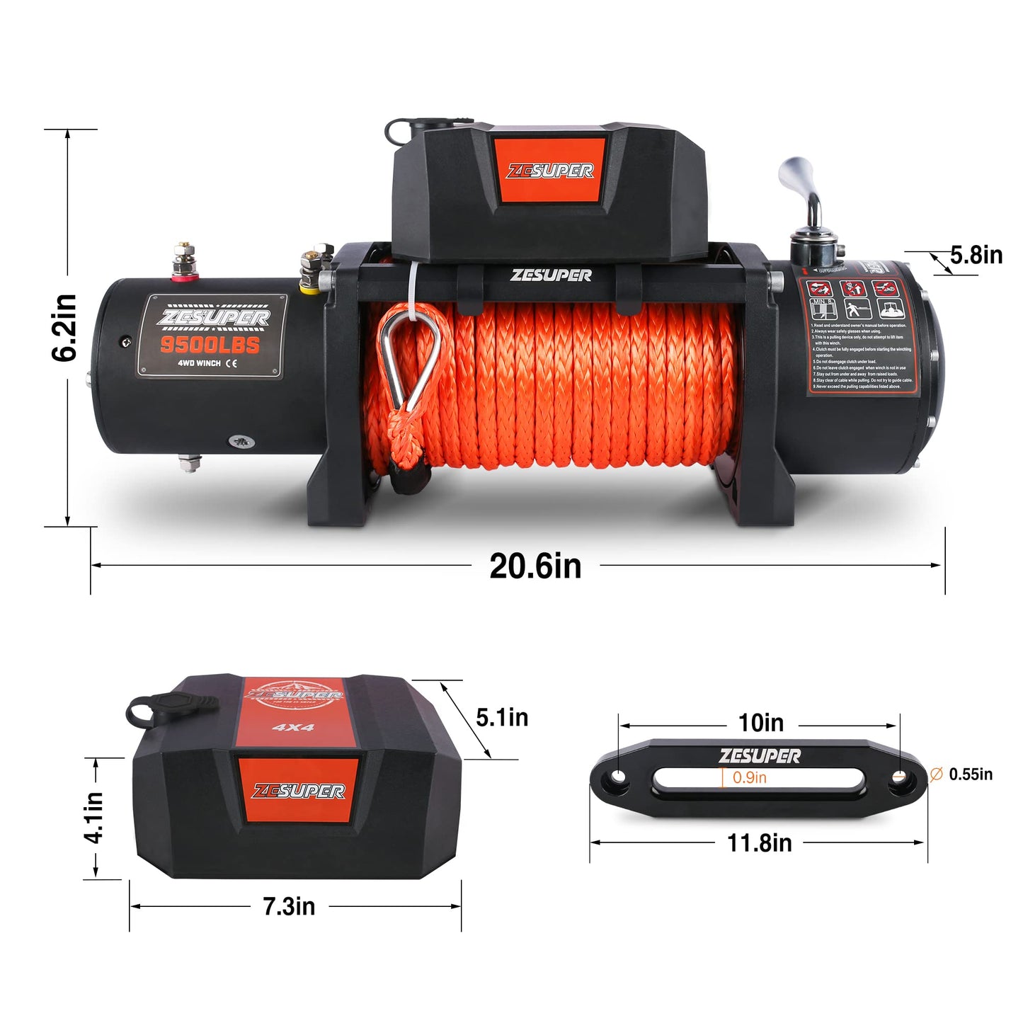 ZESUPER 9500 lb Load Capacity Electric Winch,12V Waterproof IP68 Winch with Wireless Handheld Remotes, Wired Switch,Hawse Fairlead, 80ft Synthetic Rope Winches for Jeep Trailer Truck Off-Road Vehicle