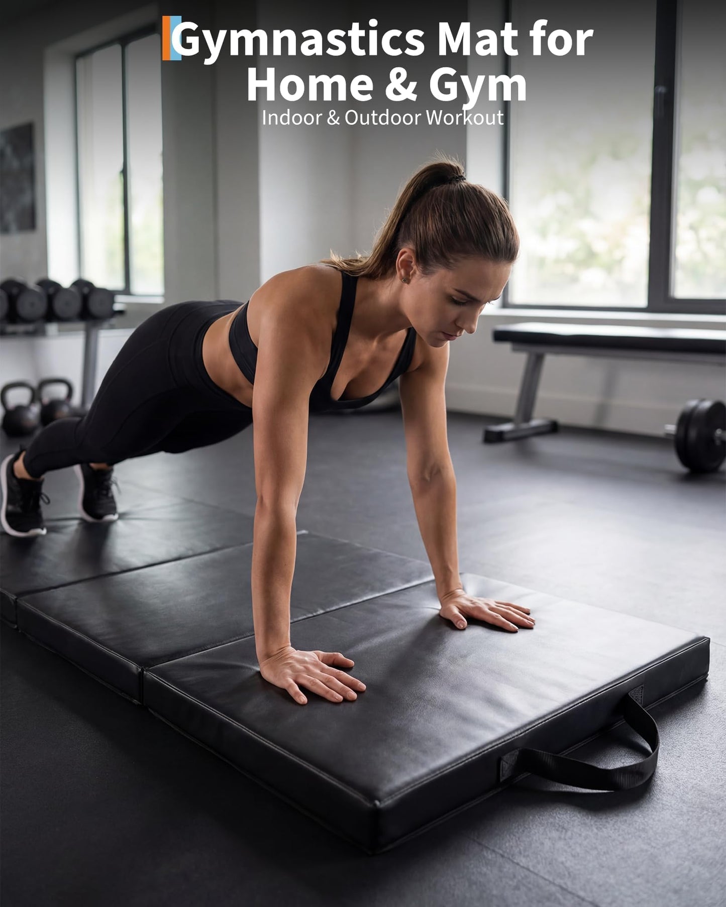 6x2 ft Portable Four-Fold Gymnastics Mat, 2 Inch Thick Tumbling & Exercise Pad, Folding Floor Mat for Home Workouts, Yoga, Pilates, Aerobics and Martial Arts Training, Black