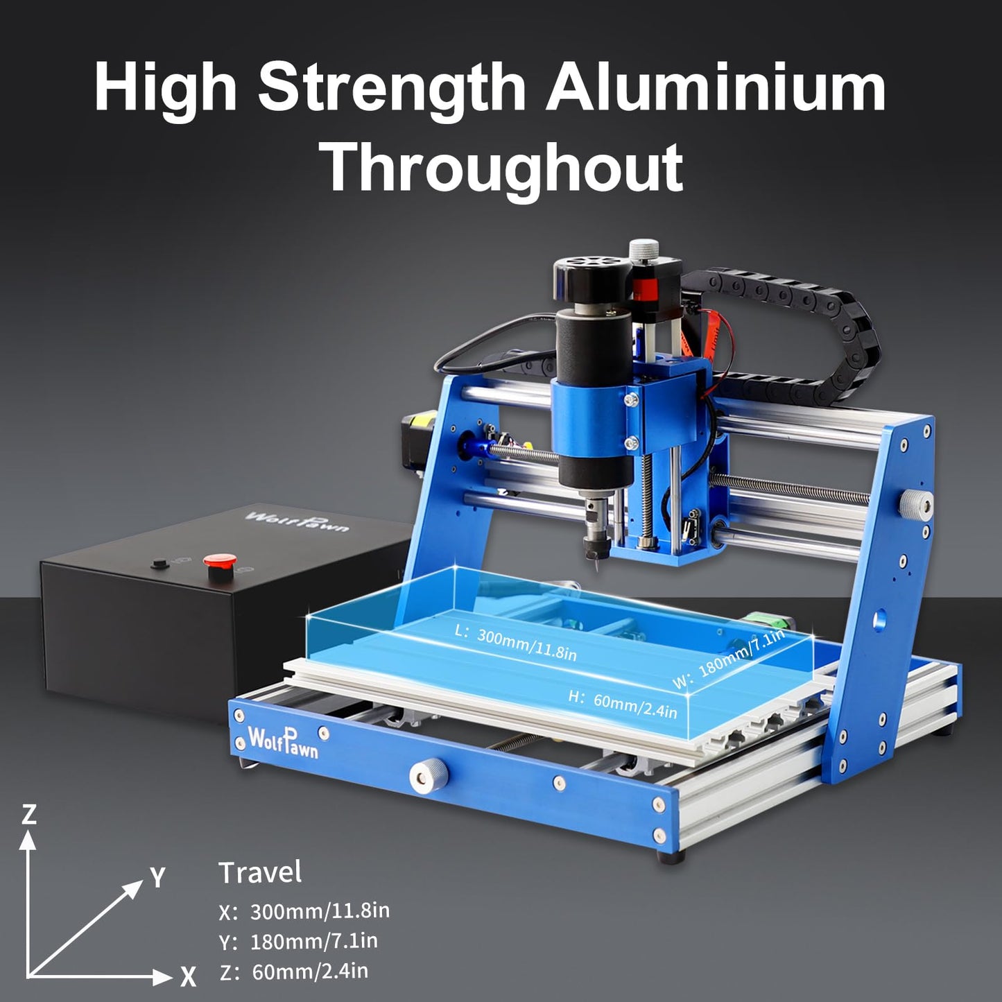 WolfPawn 3018 500W CNC Router Machine All Metal Structure 3 Aixs CNC Engraving Machine with Emergency Stop Button and Limit Switches for Wood Acrylic MDF Nylon Carving, Working Area 300X180X60mm