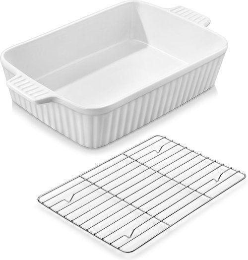 MALACASA 4.4 QT Baking Dish Set - 9x13 Large Casserole Dish with Rack & Handles for Oven Use