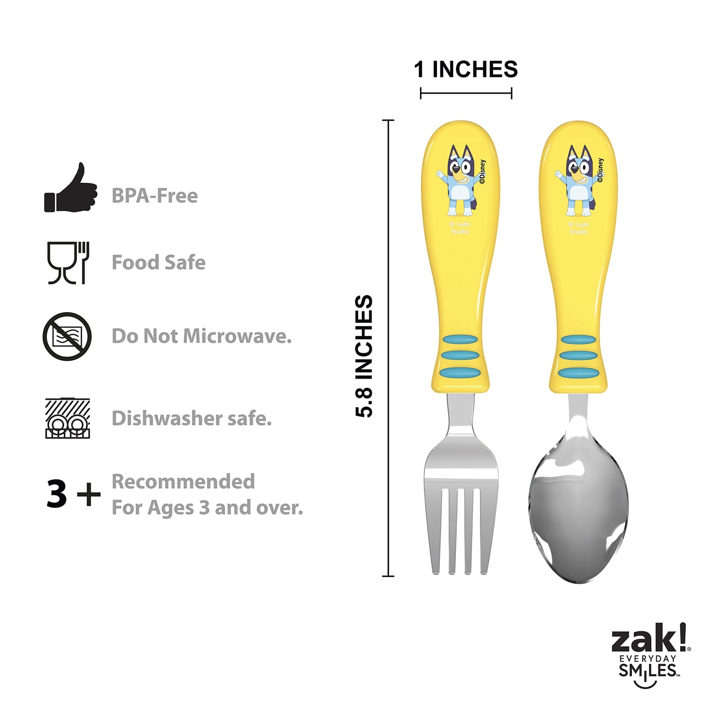 Zak Designs Bluey Kid Flatware Set with Fun Character Art on Both Utensils, Non Slip Fork and Spoon Set is Perfect for Encouraging Picky Eaters to Finish Their Plates (2 pk, BPA-Free)
