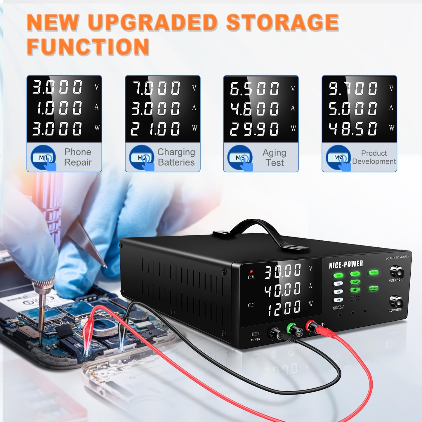 NICE-POWER DC Power Supply Variable, 30V 40A 1200W High Power Switching DC Regulated Bench Power Supply with Output Switch, OCP & OVP, Memory Function, Encoder Knob, 4-Digit LED Display, Lock Button