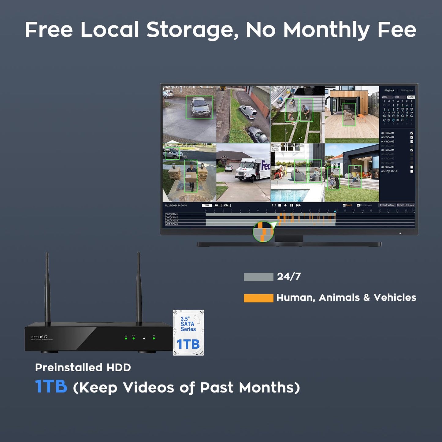XMARTO [8 Dual-Lens Camera Bundle] 16-View Long Range WiFi6 Mesh Security System, 16CH 4K Dual Band NVR, 4MP 180°+Static FOV & 360°PTZ AI Tracking, 24/7 Plug-in Surveillance, 1TB HDD, No Monthly Fee