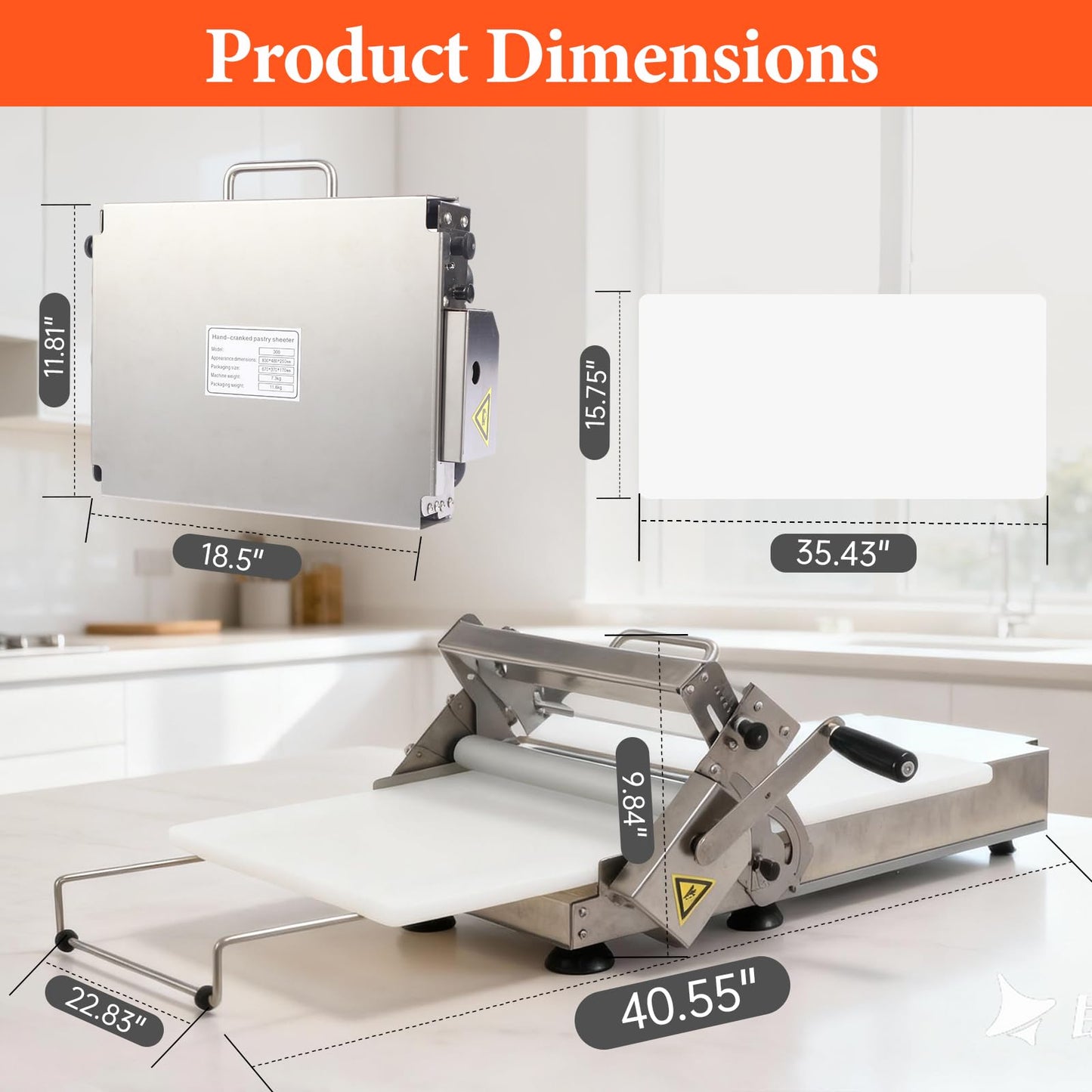 40.5" x 15.5" Folding Manual Dough Sheeter with PE Board – Stainless Steel Countertop Dough Roller Machine, Adjustable Thickness (0–25mm) for Pastry, Pizza, Croissant, Cookie & Pasta