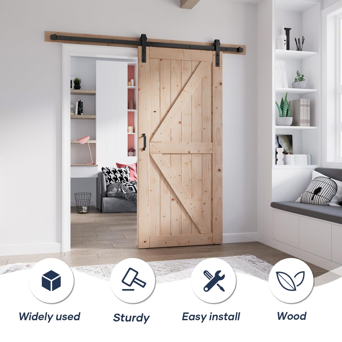 FREDBECK 36in x 80in Wood Barn Door with 6.6FT Barn Door Hardware Kit Included K Shape Solid Spruce Panel Need to Assembly