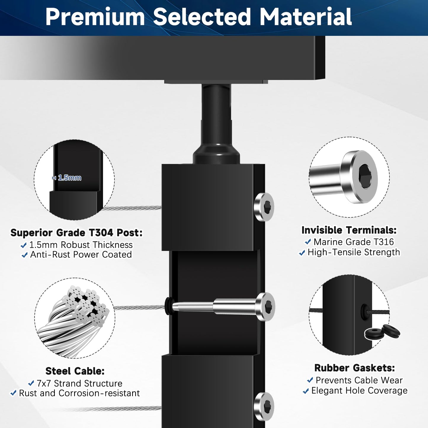 Gyykzz 42" Modular Cable Railing Post Kits 4 Pack, Adjustable Top Level Drilled Deck Post, Cable Railing System Including 4 Railing Post, 197ft Cable, 24 Terminal, 96 Cable Grommets (No Handrail)