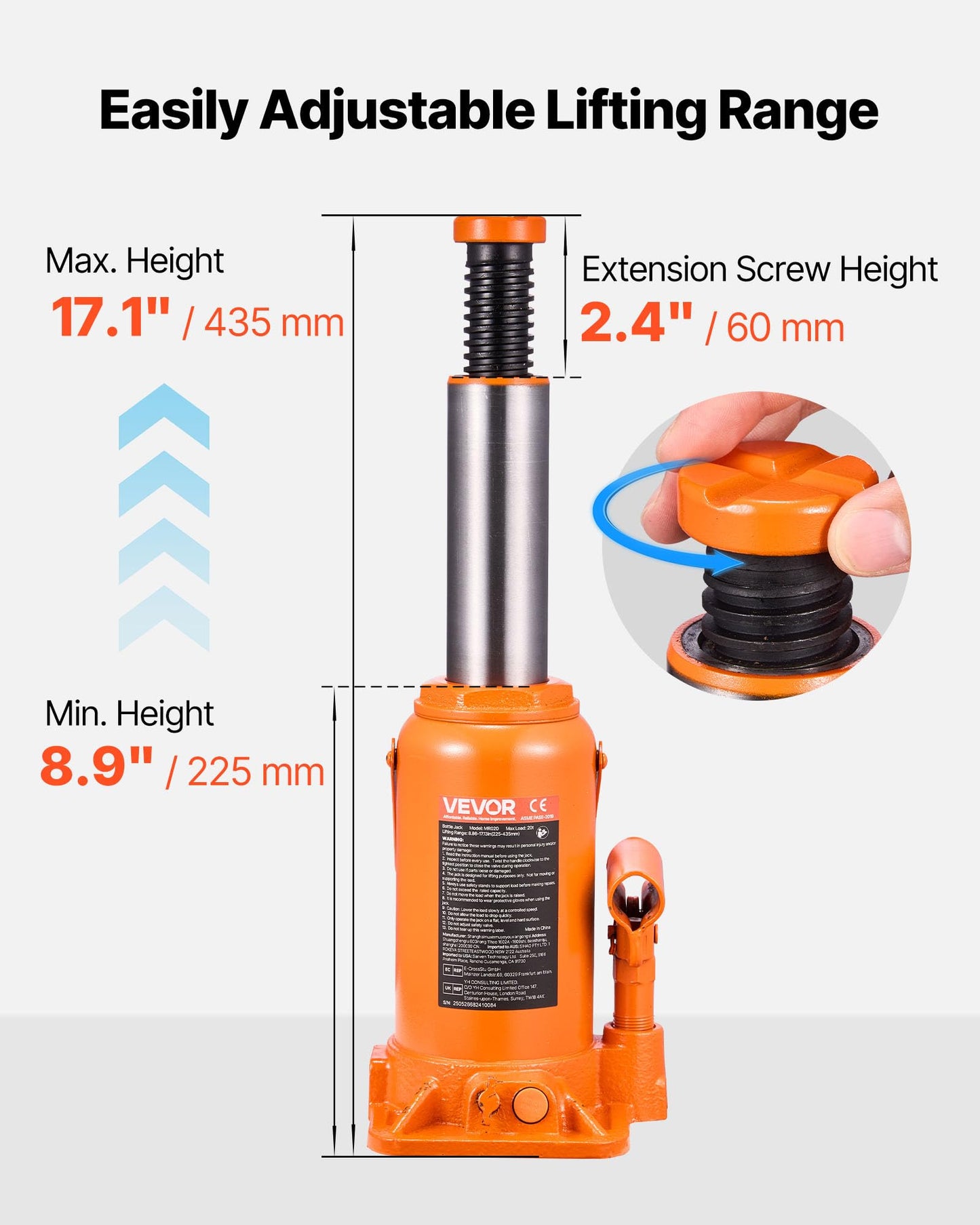 VEVOR Hydraulic Bottle Jack, 20 Ton/44092 LBS All Welded Bottle Jack, 7.5-14 inch Lifting Range, with 3-Section Long Handle, for Pickup Truck, Truck, Car, RV, Auto Repair, Industrial Engineering