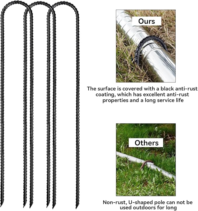 Trampoline Ground Anchors 24-Inch Heavy Duty U Rebar Stakes for Trampoline, Dog Fence, Black Antirust Coated (16 Pcs)