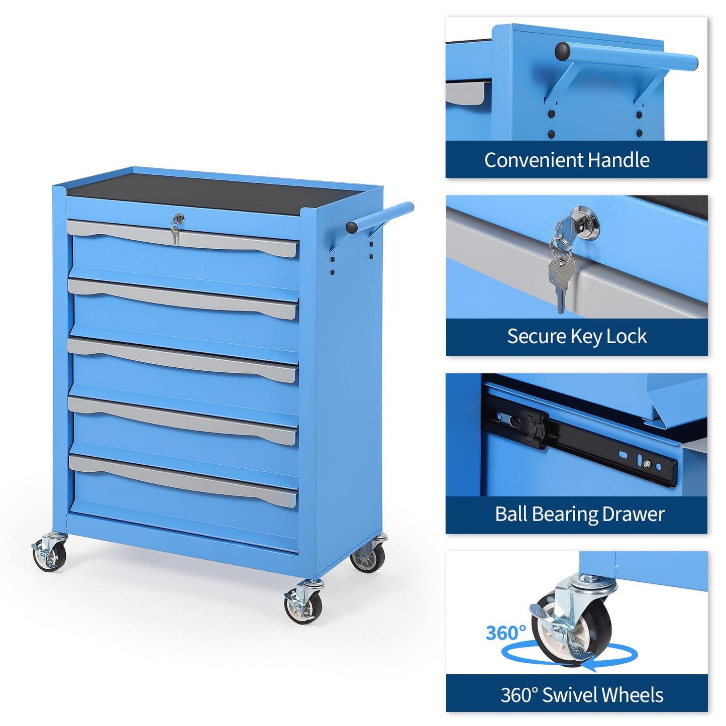 SierraSquad 5-Drawer Rolling Tool Chest with Lock, Tool Cabinet on Wheels, Includes Drawer Liners, Latch System & Link Buckle,Can Be Combined to Large Cabinet Set for Garage Workshop Storage,Blue