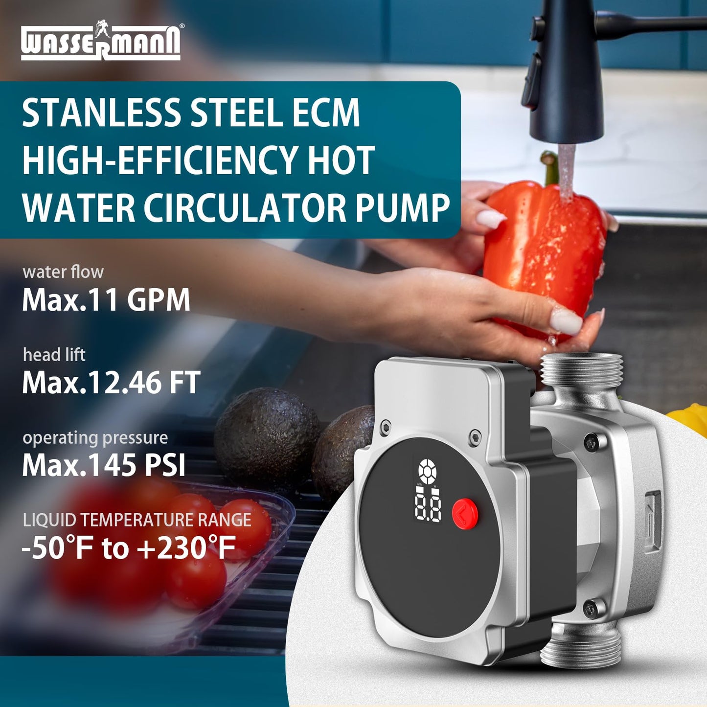 WASSERMANN 115V 30W Smart ECM Circulator Pump with 3 Control Modes, High Efficiency Circulator Pump for Tank Water Heaters/Domestic Hot Water Recirculating System, 1" 3/4" 1/2"NPT Adapter