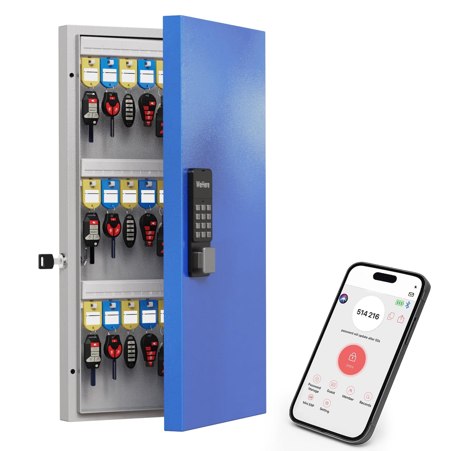 WeHere 48-Key Smart Key Lock Box Wall-Mount, Key Cabinet with Key Management App(Track Key Borrow/Return), Keypad, Bluetooth & WiFi Unlock (Sold Separately) for Commercial, School, Rental, Office