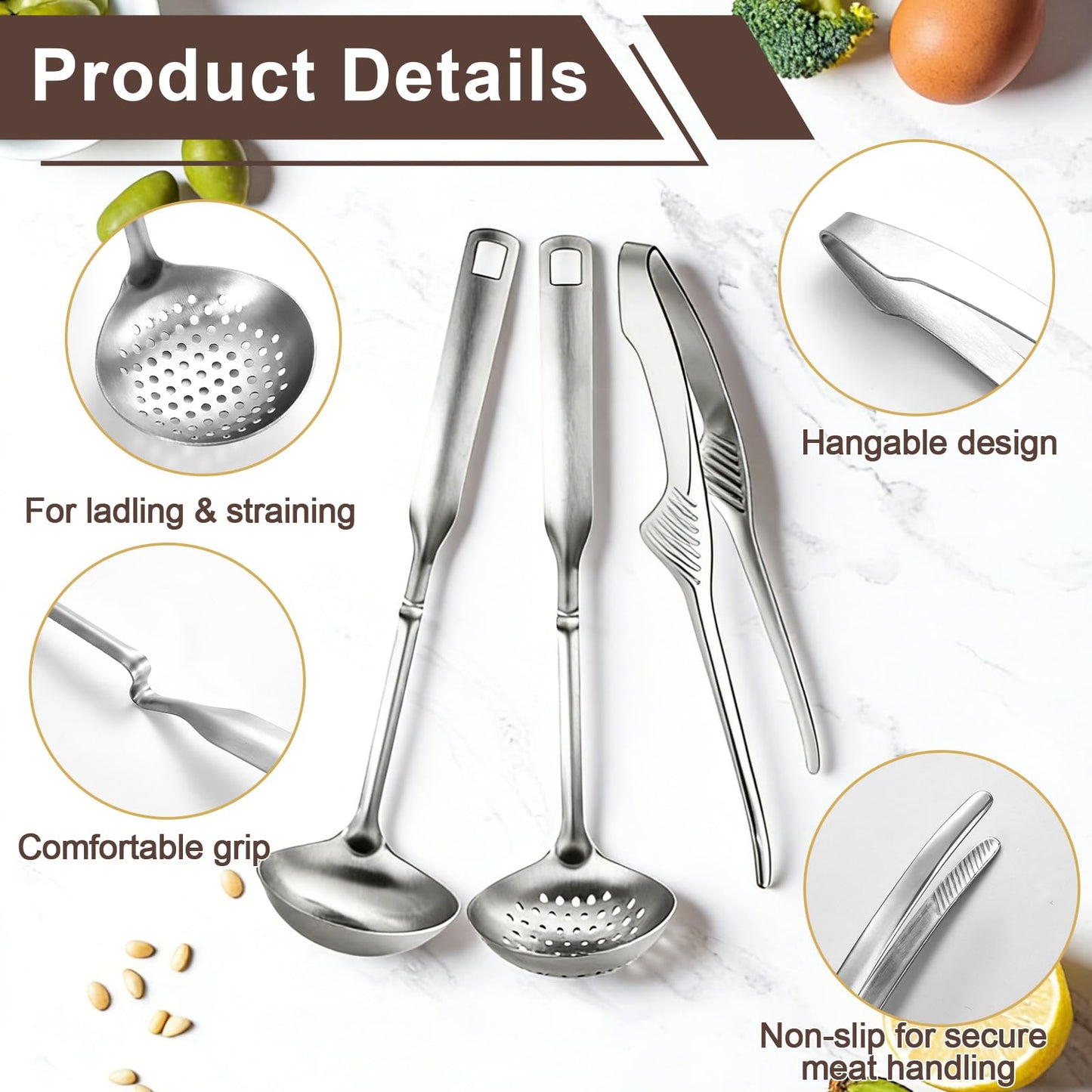 gisgfim 6 PCS Hot Pot Slotted Ladle Set Stainless Steel Soup Ladle BBQ Hotpot Tongs Kit Non Slip Cooking Utensils Stainless Hot Pot Accessories Shabu Shabu Utensils Strainer Set Skimmer Cookware Set