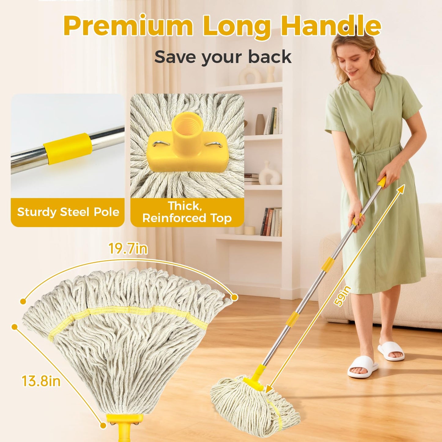 Indoor Mop with Strings for Floor Cleaning, Cotton Mops with 59” Long Handle Household String Mop for Hardwood Wood Tile Floors Cleaning,1 Mop Handle & 1 Cotton Mop Head