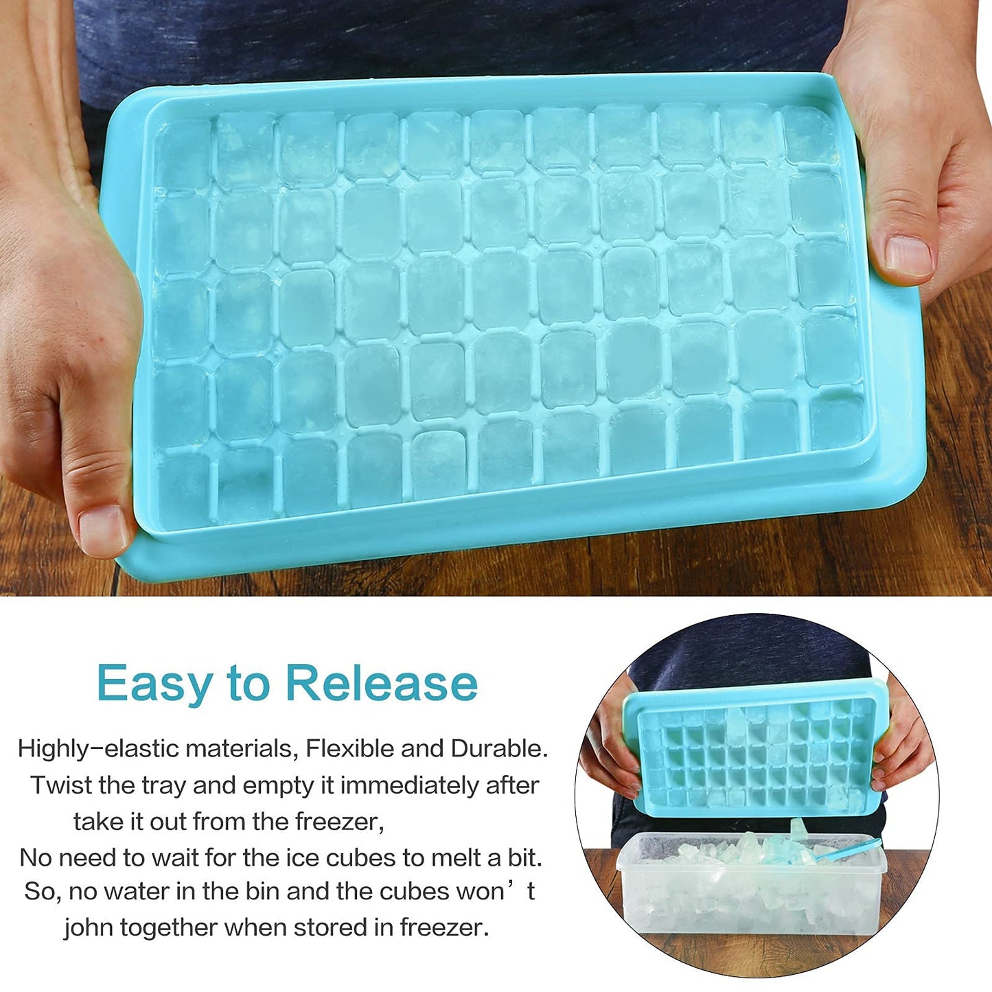 ARTLEO 2Pack Ice Cube Tray with Lid and Bin for Freezer, Easy Release 55 Mini Ice Cube Tray with Cover, Storage Container, Scoop, Flexible Durable Plastic Nugget Ice Cube Mold & Bucket, BPA Free