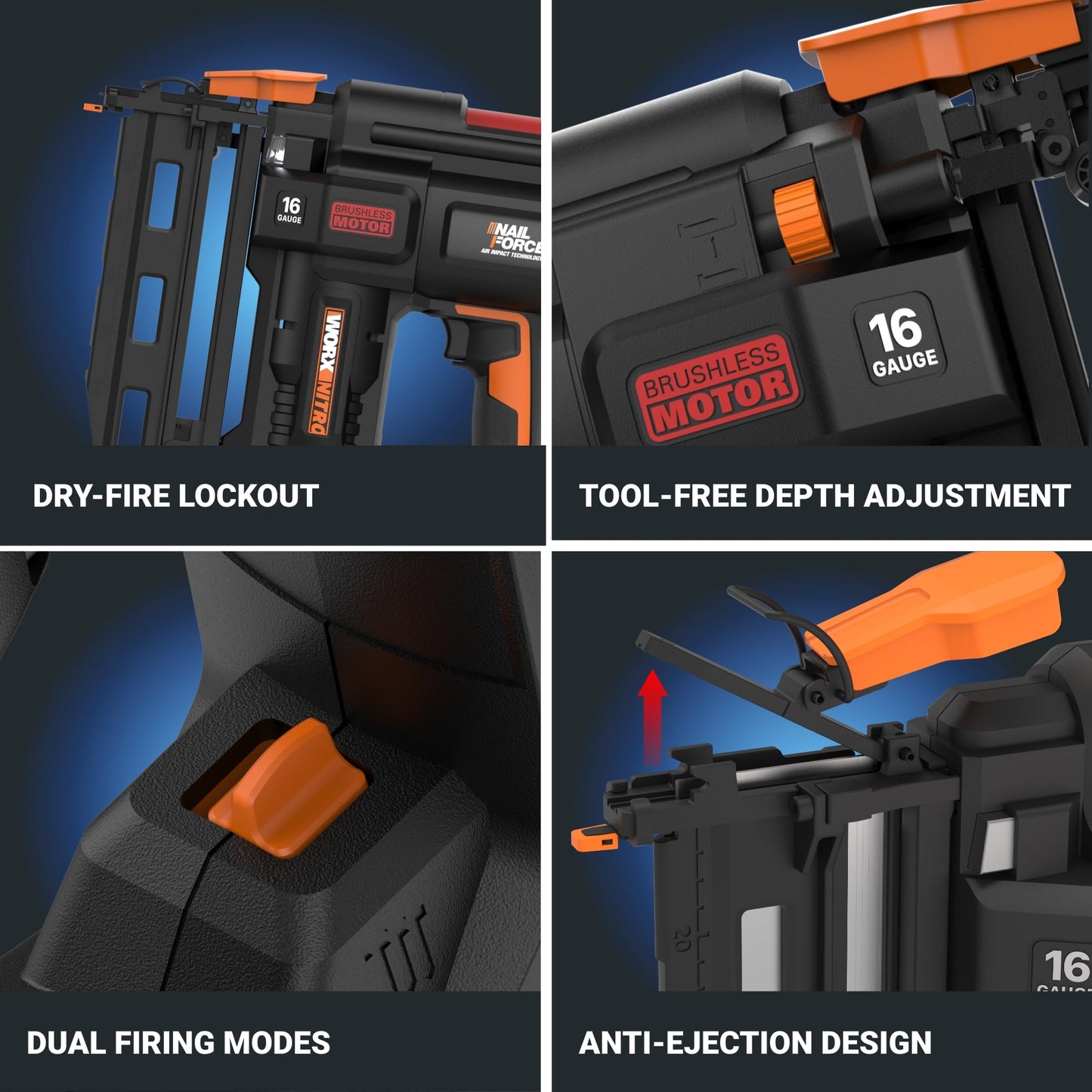 Worx Nitro 20V 16GA Finish Nailer Cordless 70 Nails/Min Sinks Up to 2-1/2", Compact Cordless Nail Gun w/Tool-Free Jam Release, Brushless Nail Gun Battery Powered WX841L – Battery & Charger Included