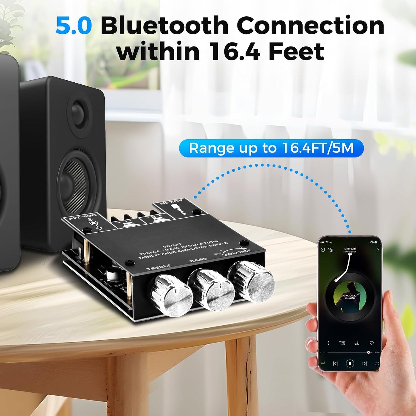 ZK-502MT Board,50W+50W 2.0 9-24V, Daakro Bluetooth Amplifier Channel Amp Board with Treble and Bass Control,DC