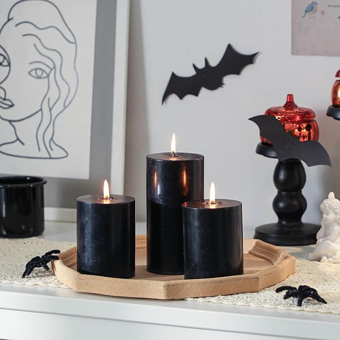 3x4 Inch Black Pillar Candles Set of 3 - Decorative Unscented Pillar Candles, Long Burning Dripless Candle for Home Decor, Smokeless Large Pillar Candle for Wedding, Dinner, Christmas, Halloween Decor