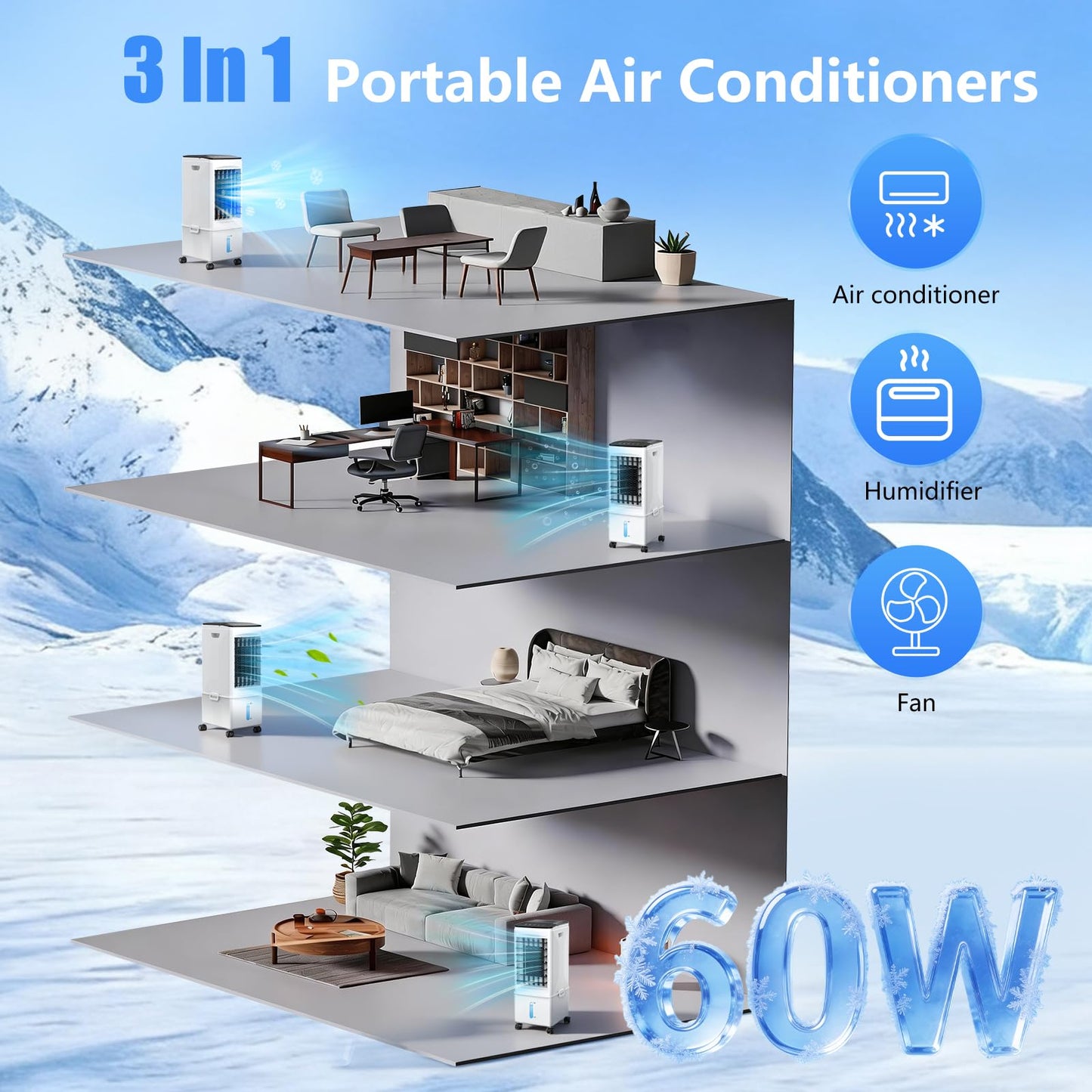 Portable Air Conditioners, [9.5L large Water Tank], 3-in-1 Evaporative Air Cooler for Room, Fast Cooling Portable AC Unit w/7H Timer/Remote, 3 Speeds, Quiet Swamp Cooler for Bedroom Office