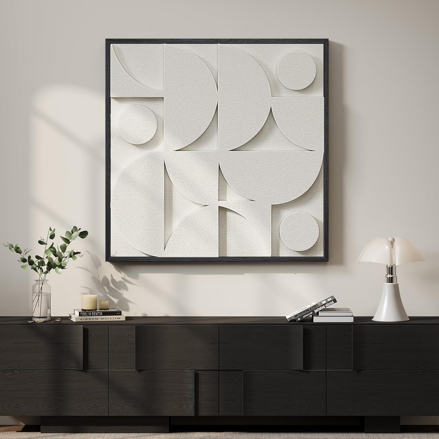 Regine Switzerland Large 3D Textured Framed White Abstract Wall Art - Modern Geometric Design 30x30 In