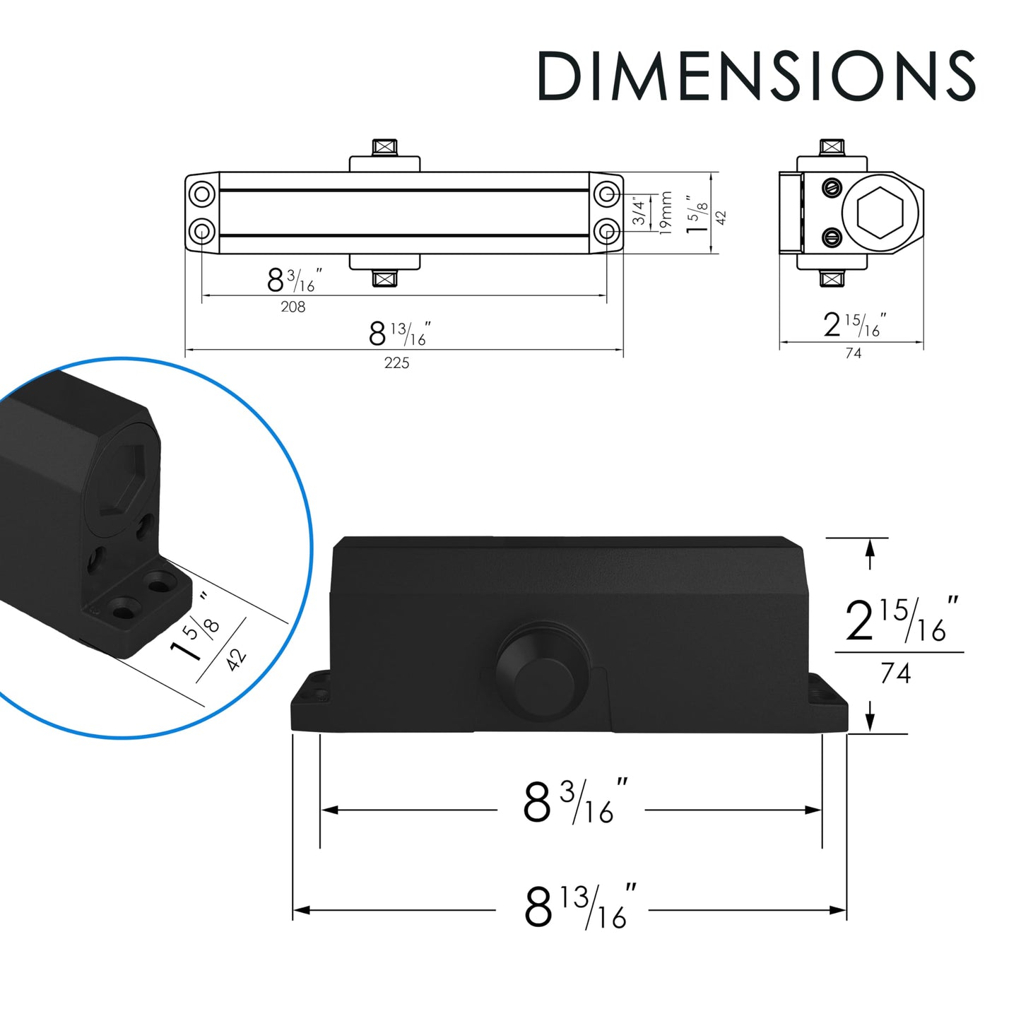 JELOSTONE Medium Duty Commercial Door Closer D700, 3 Valves Closing/Latching/Backcheck, UL 3 Hour Fire Rated, Fixed Size #3 Spring Power, Door (55-150LB/33-36 in), Indoor/Outdoor (Matte Black)