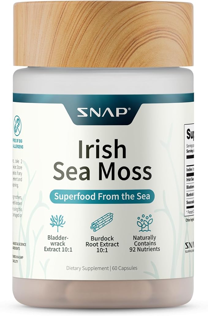 Snap Supplements Irish Sea Moss Capsules with Bladderwrack, Burdock Root & Iodine ??Supports Energy, Immune Health, Digestion & Skin ??60 Capsules