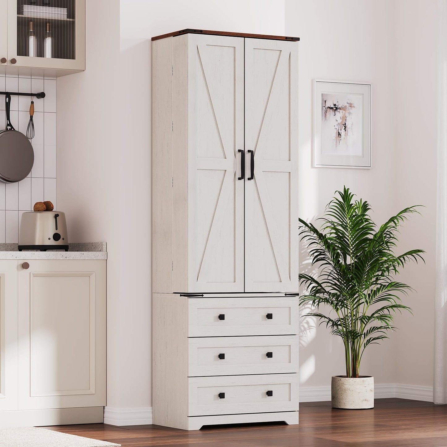 72'' Tall Kitchen Pantry Cabinet, Freestanding Tall Cupboard Storage Cabinet with 2 Barn Doors & 3 Drawers, Adjustable Shelves, Large Farmhouse Pantries for Living Room, Dining Room