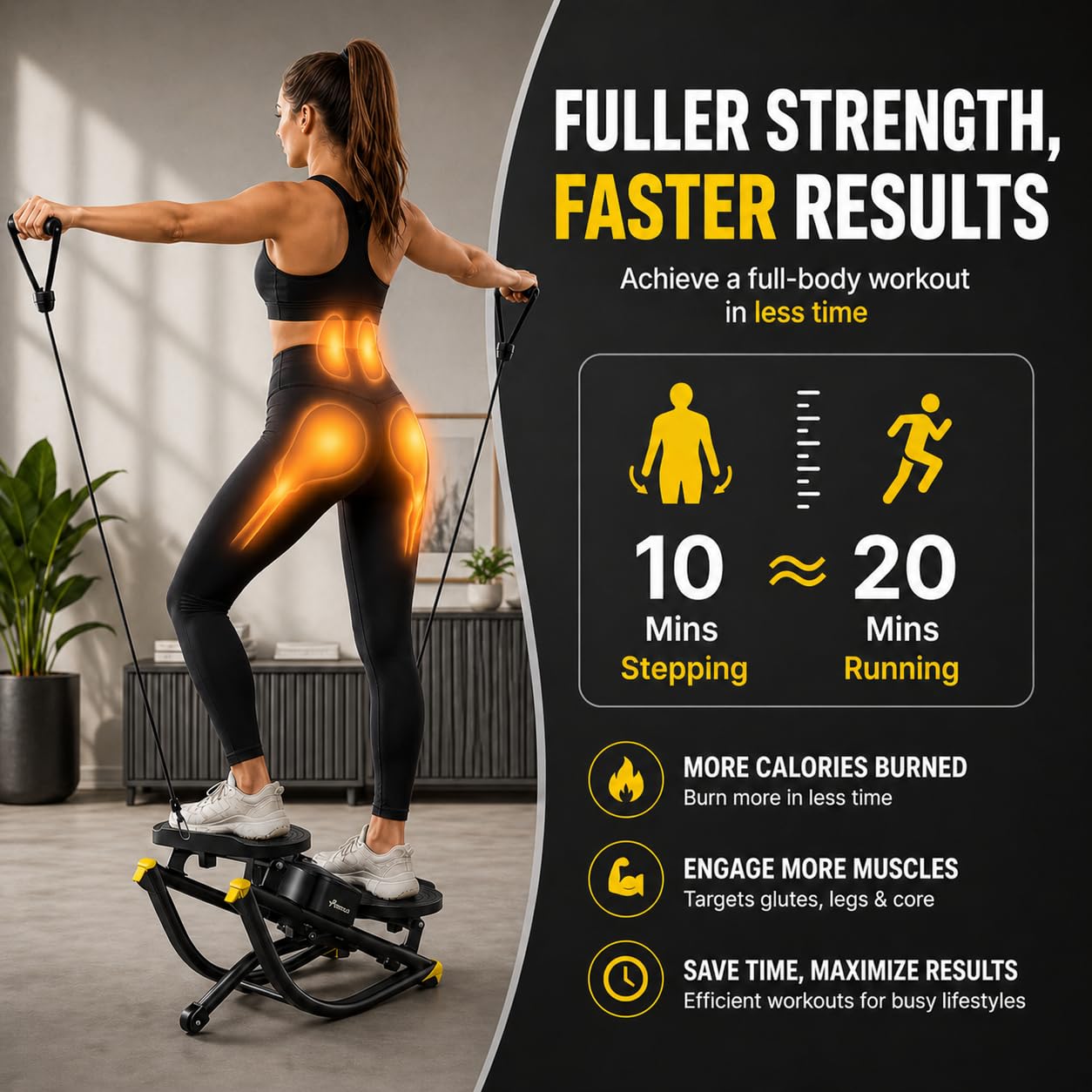 Rocking Stepper for Home Workout – 3D Motion Stair Stepper with Resistance Bands, Full Body Cardio and Strength Training Equipment, 150kg Load Capacity Exercise Machine