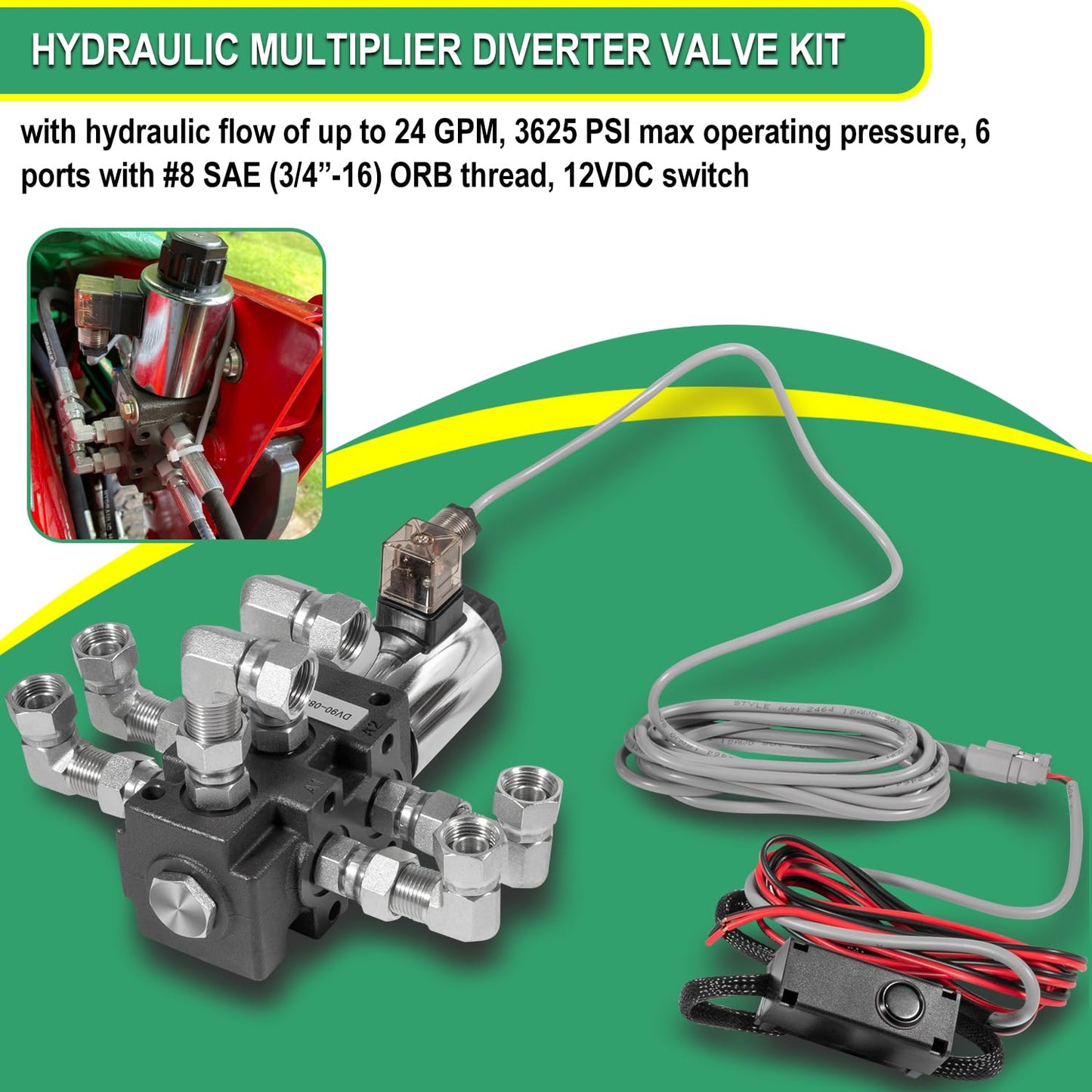 24 GPM Hydraulic Multiplier Diverter Selector Solenoid Valve, 6 Port, 3625 Max PSI, 12VDC, with Switch, Extension Harness, Ag Coupler Adapters For Most Tractors, Up To 3 Additional Functions