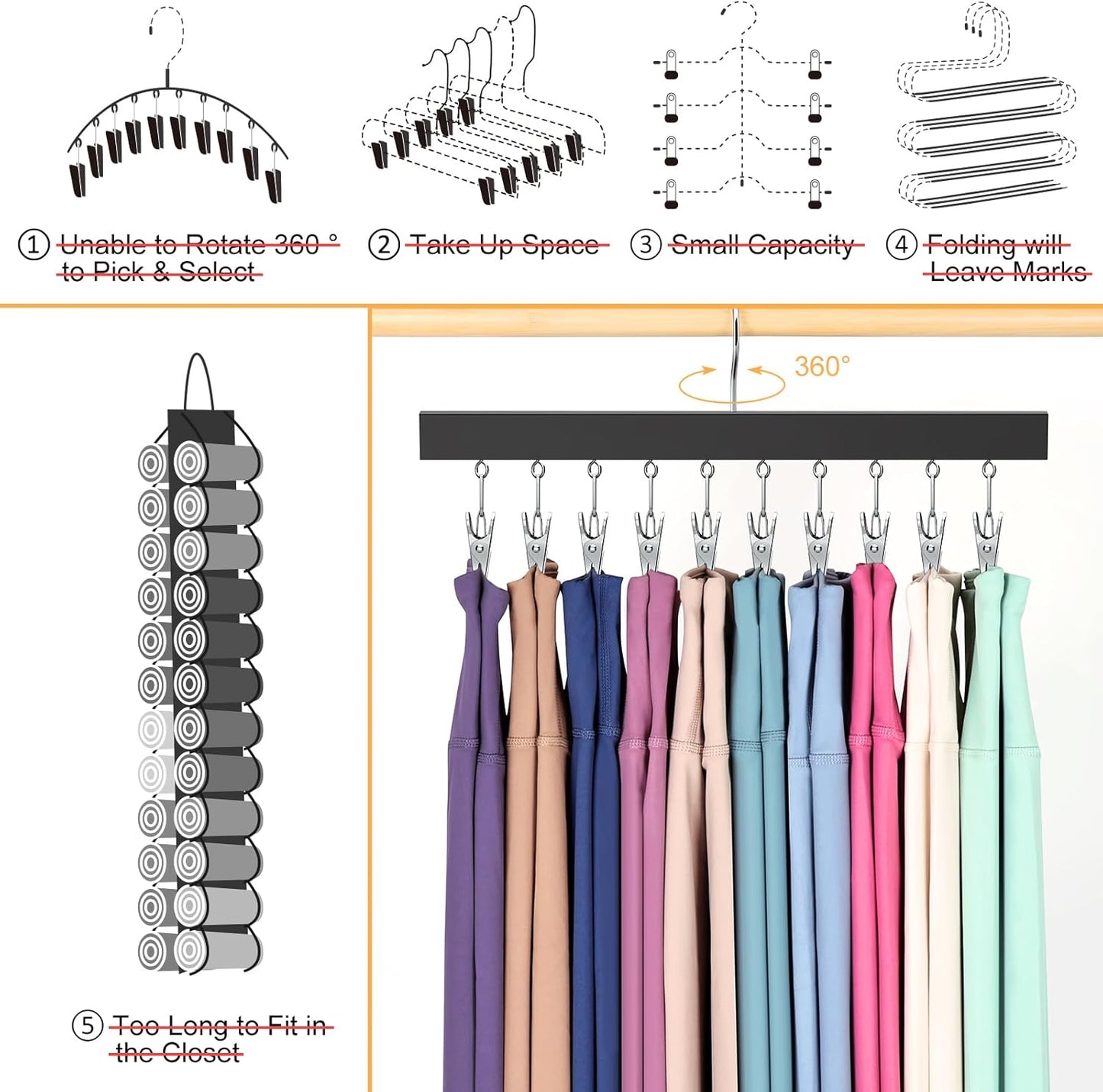 Skiennix Legging Organizer - 360° Rotating Pants Hangers with Clips | Holds 20 Leggings & Jeans (2 Pcs)