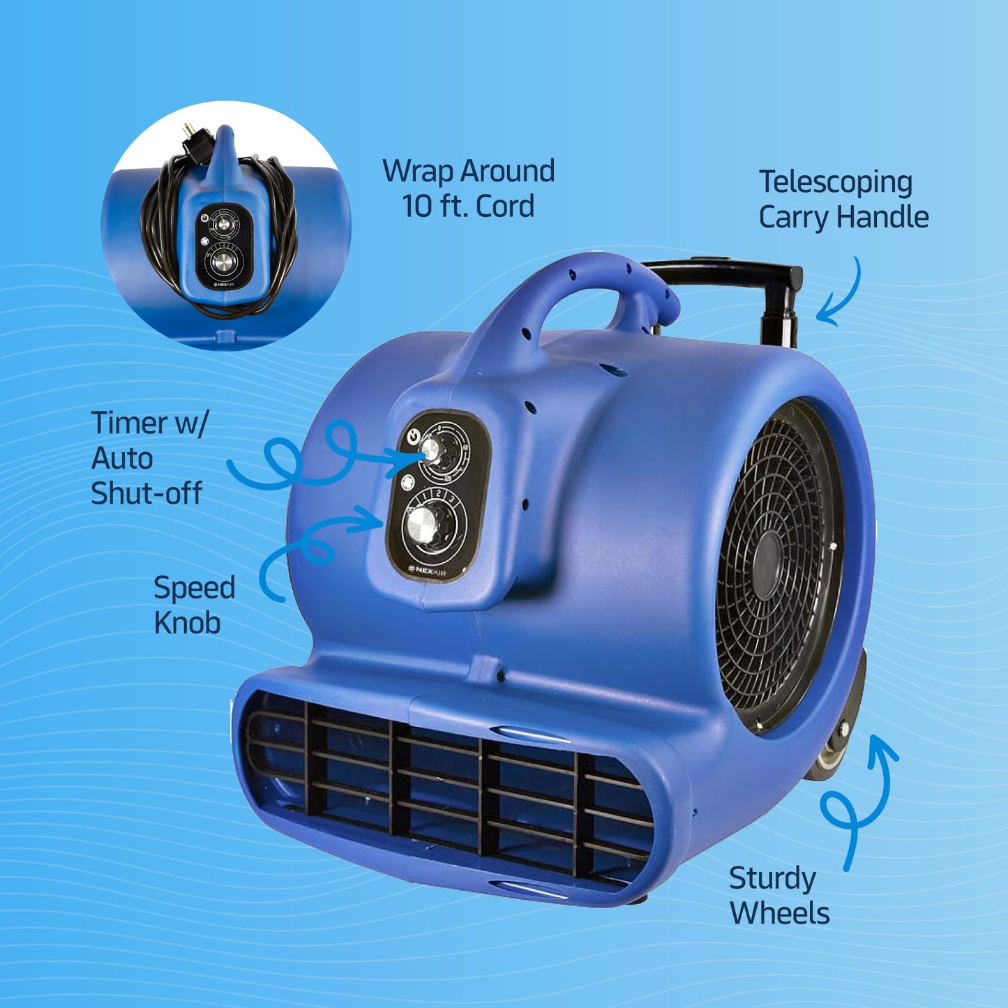 Nexair 1HP Stackable High-Velocity Industrial Carpet Dryer 3 Speed, Air mover blower with Auto Shut-off Timer, Adjustable Floor drying fan, Dries Cools and Ventilates Attic Spaces, Work Areas, Garages