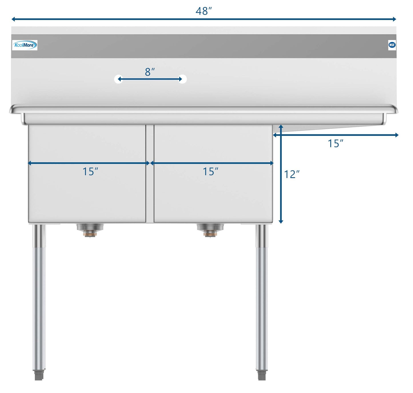 KoolMore - SB151512-15R3 2 Compartment Stainless Steel NSF Commercial Kitchen Prep & Utility Sink with Drainboard - Bowl Size 15" x 15" x 12", Silver