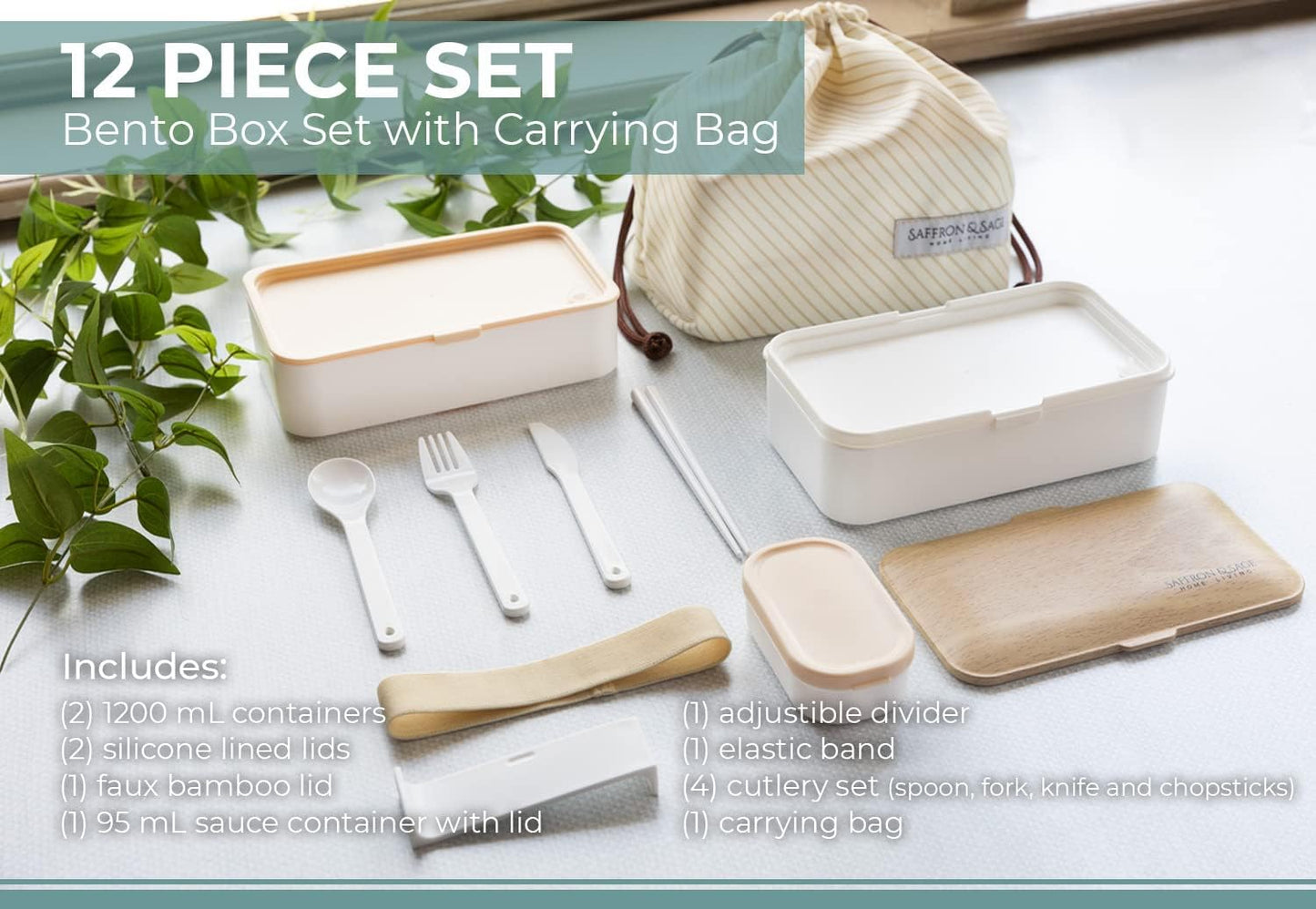 Saffron & Sage Bento Lunch Box - 42oz White Japanese Style Box with Cutlery & Bag | Leak-Proof & Microwave Safe