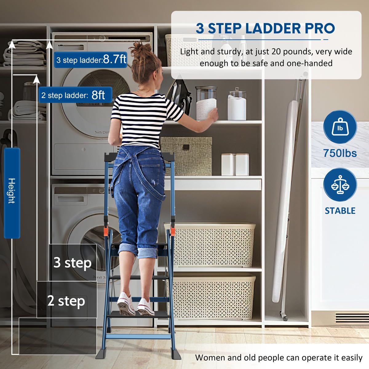 Ladder Pro 3 Step Ladder with Handrails, Aluminum Heavy Duty Ladder, Wide Step & Anti-Slip Feet, Lightweight Portable, Folding Storage Ladders for Home Family Indoor RV Kitchen