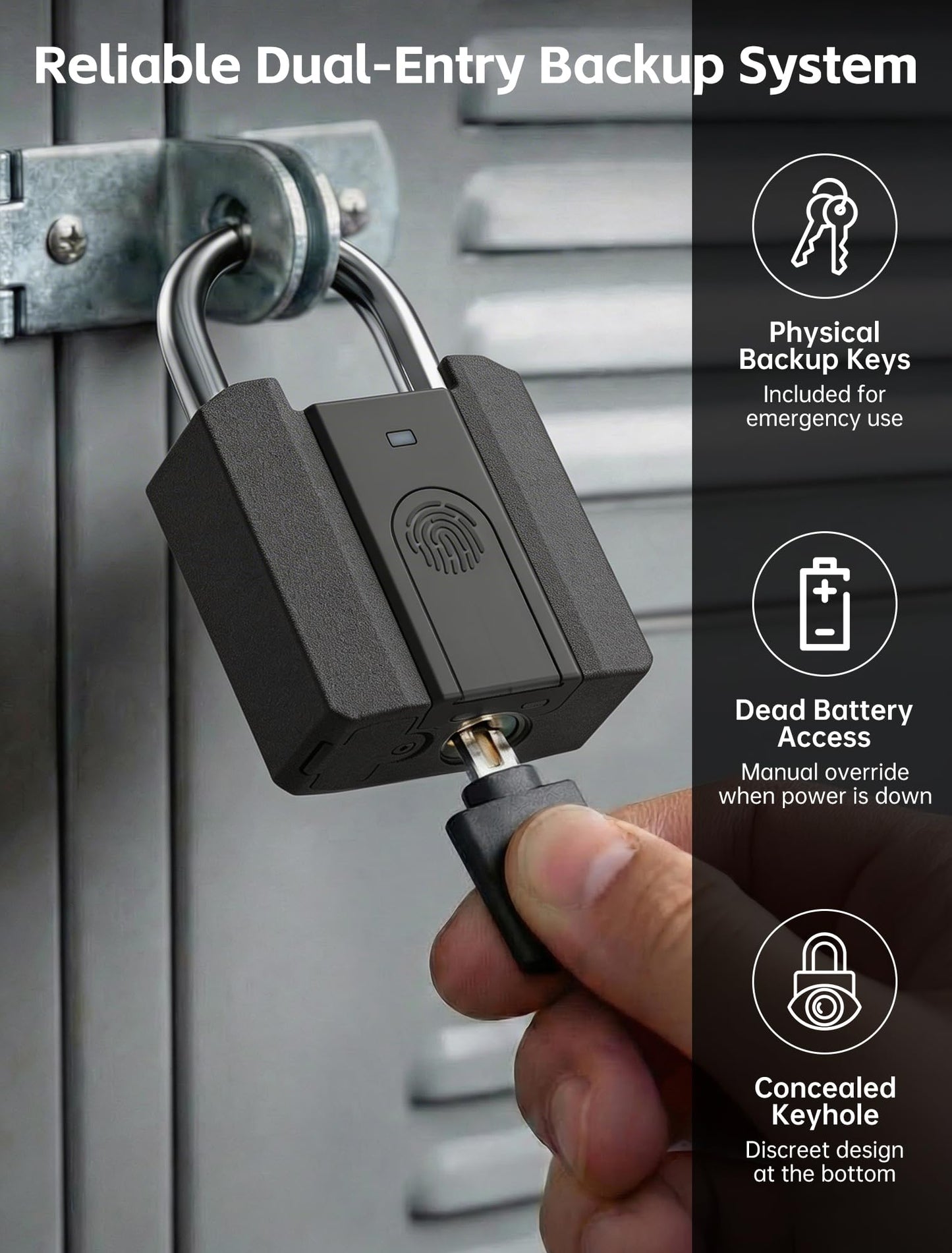 Smart Fingerprint Padlock with Key Backup, Stores 20 Prints, IPX5 Waterproof, Keyless Lock with CR2032 Battery for Gym Locker, Gate, Fence & Shed (Black)