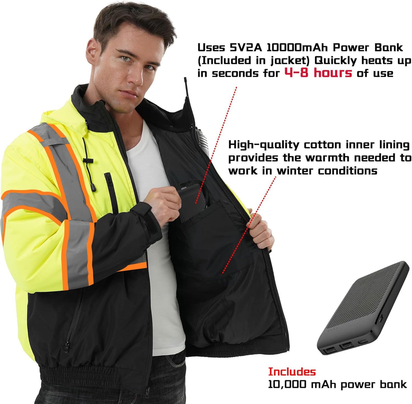 SKSAFETY Professional Level Heated Safety Bomber Jacket, Class 3 Hi-Vis Waterproof Coat, 3M Reflective Tape, Work Construction Coats for Cold Weather