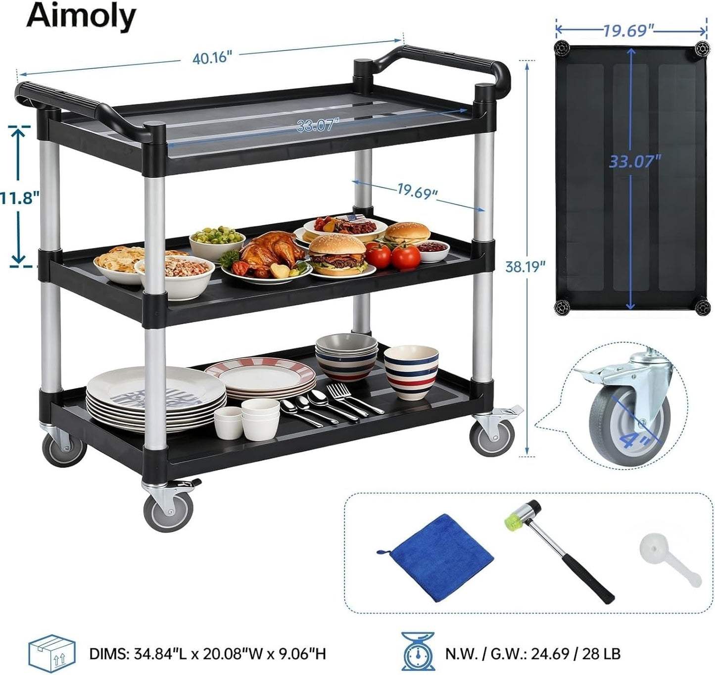 Aimoly 3-Tier Rolling Utility Cart with Wheels, 540 lbs Capacity Service Cart, Commercial Kitchen Cart with 4 Lockable Swivel Casters for Restaurant/Home/Warehouse/Office (40 x 20 x 38 in)