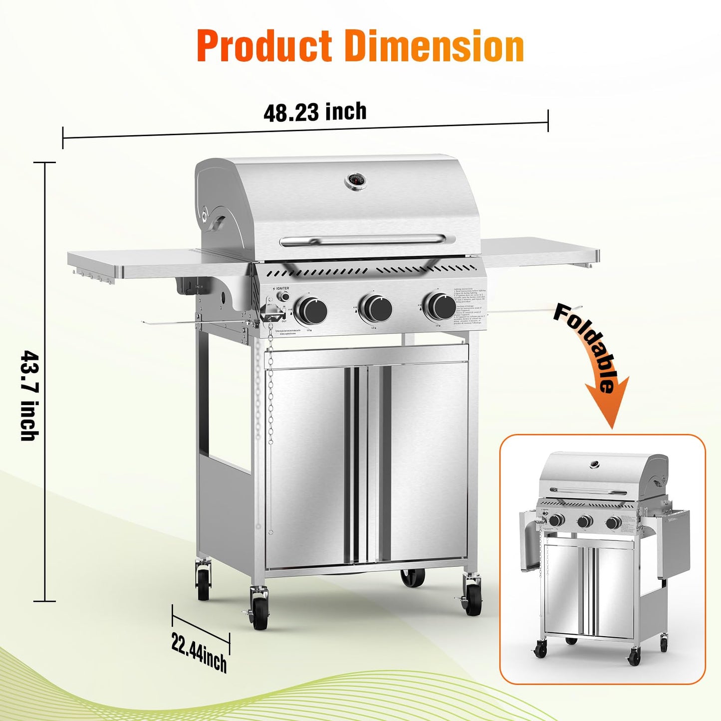 Electactic G31 Gas Grill, 3-Burner Gas Grill with Folding Side Tables,Stainless Steel 24,000 BTU BBQ Grill,Outdoor Propane Grill for Barbecue,Patio,Camping