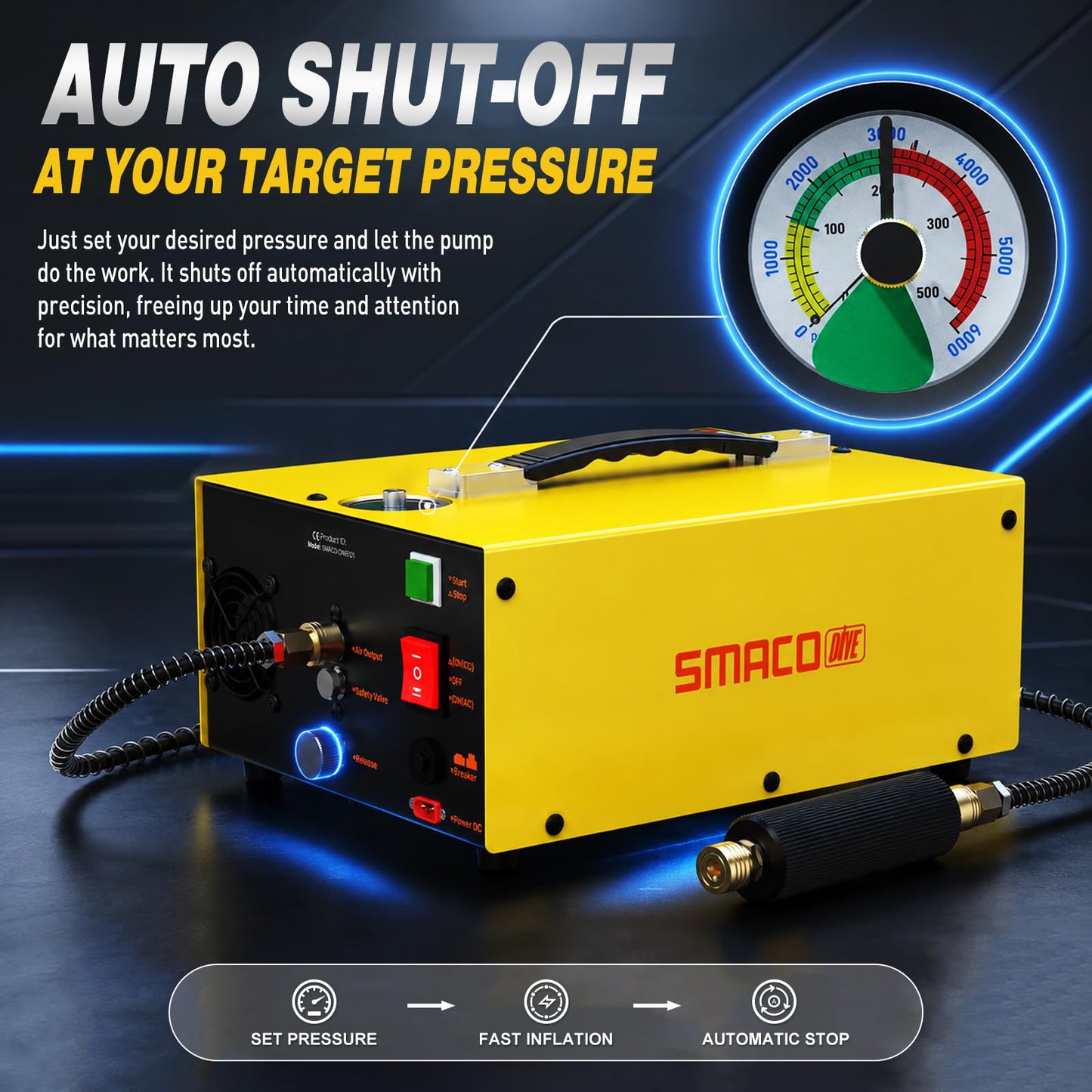 SMACO PCP Air Compressor 4500Psi/30Mpa/300Bar Portable High Pressure Air Compressor for Paintball Tank Scuba Diving PCP Air Rifles Pump with Auto-Stop Dual Power 12V DC & 110V/220V AC