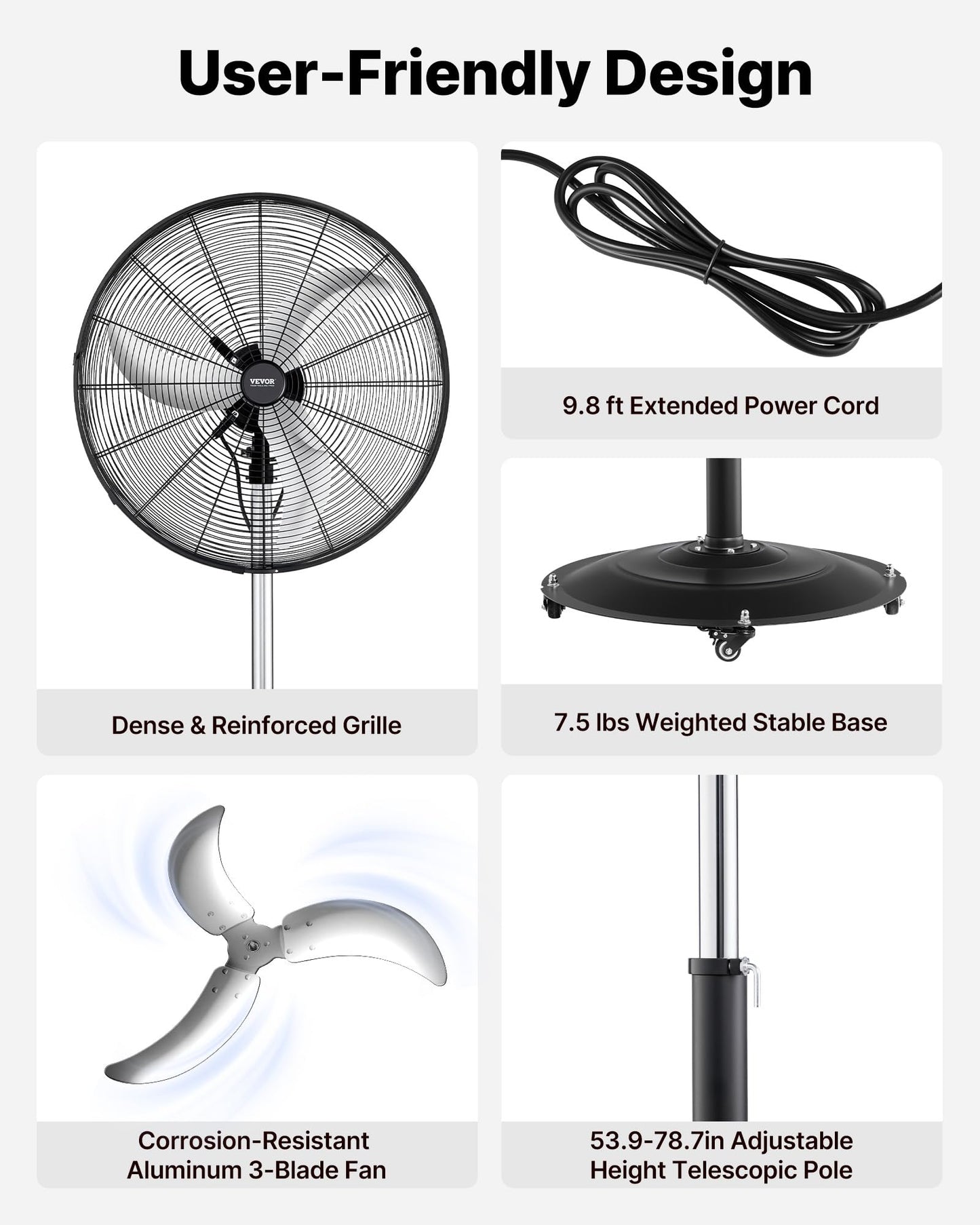 VEVOR 24-Inch High Velocity Pedestal Fan, 6800 CFM Industrial Standing Floor Fan with 85° Oscillating, 3-Speed Adjustable Height, IP44 Waterproof, Carbon Steel for Commercial, Garage, Workshop, Black