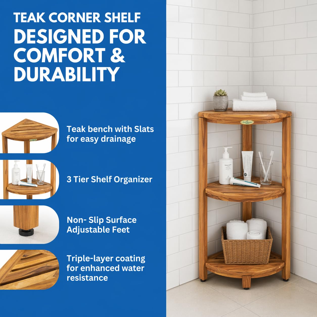 EcoDecors Snazzy Corner Gold 3 Tier Corner Shelf FSC Teak Wood Bathroom Shelf Natural Water Resistant Spa Shower Organizer for Bathroom Sauna Bath Storage 17 x 12 x 32 in