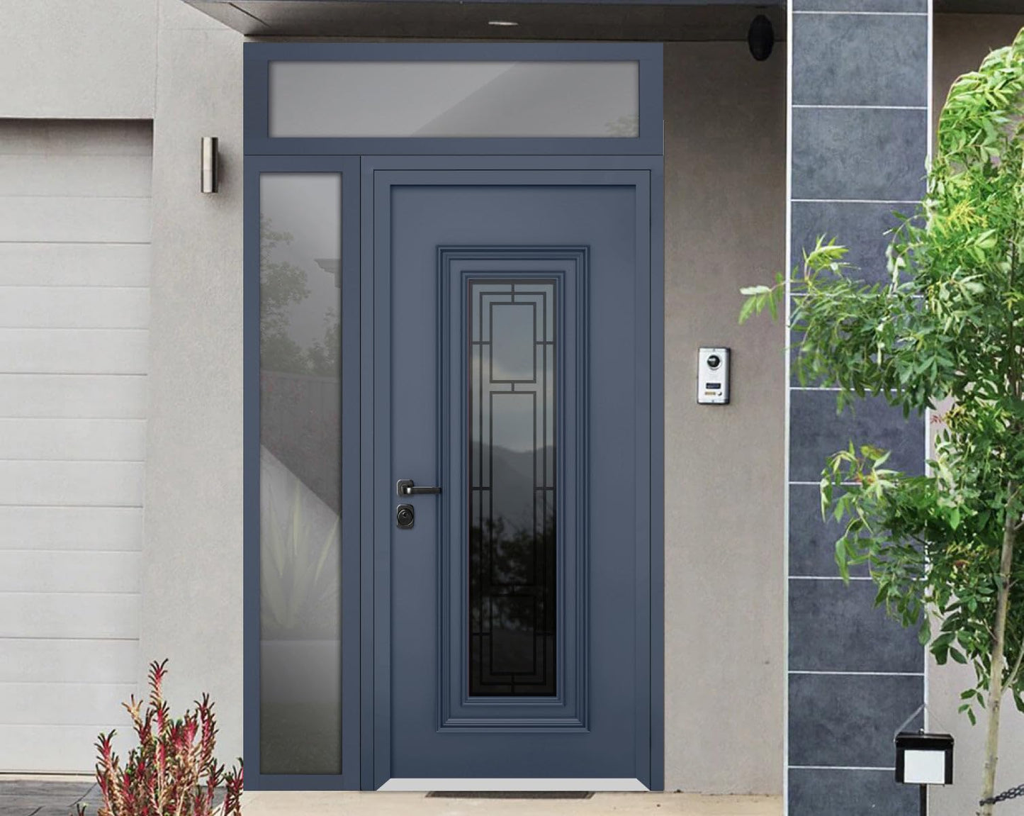 VDOMDOORS Front Exterior Prehung Steel Door/Ballucio 6044 Gray Graphite/Side and Top Exterior Window/Stainless Inserts Single Modern Painted-W36+12" x H80+16"-Right-Hand Inswing