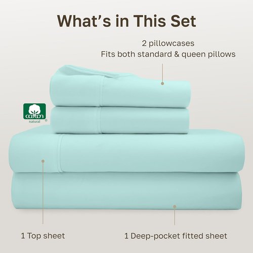 California Design Den Queen Bed Sheets Set - 100% Cotton, 400 Thread Count, Smooth Sateen Finish, Deep Pockets - Seafoam