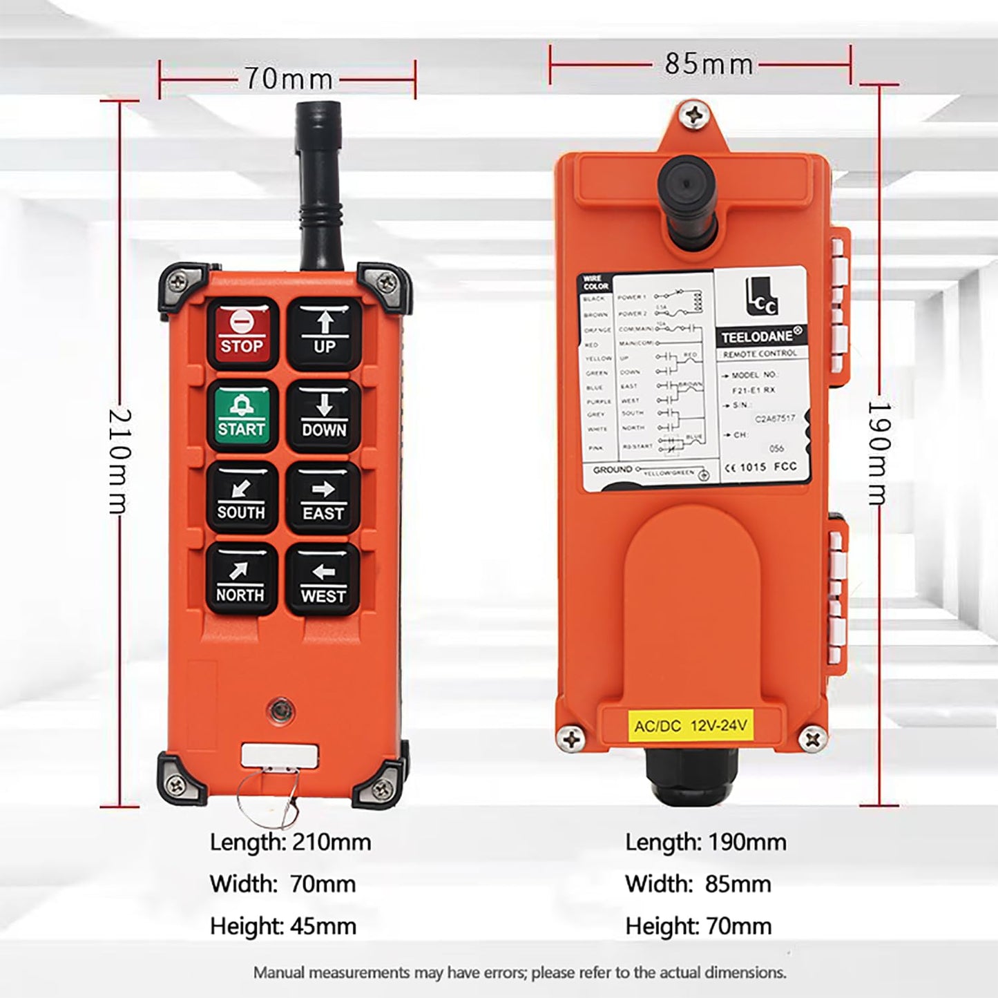 Industrial Wireless Crane Remote Control kit F21-E1B 8 Button 12v 24v Electric Lift Hoist Overhead Tower Bridge Radio Switch Receiver (2 Transmitters + DC 12V Receiver)