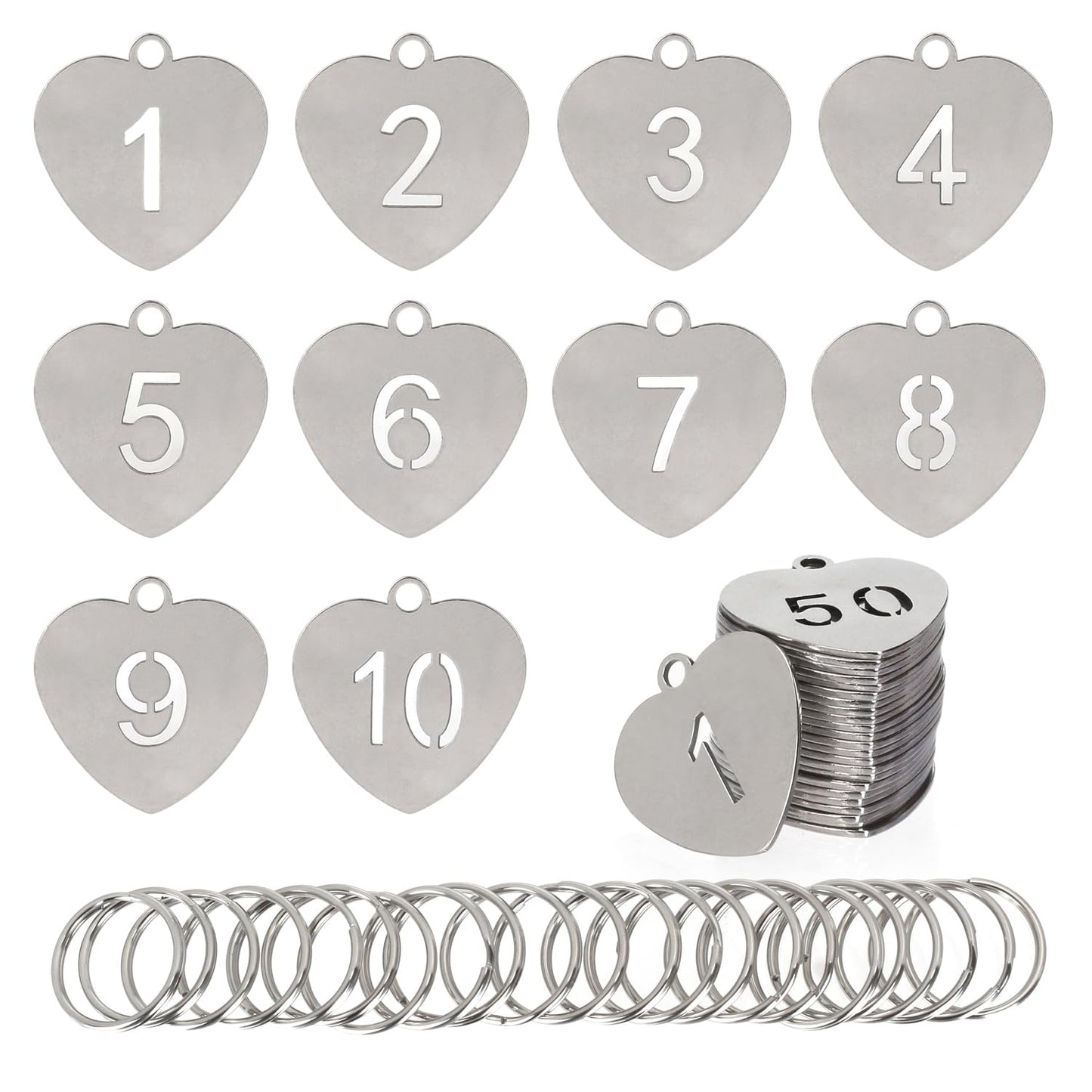 NumRealm Number Tags with Key Rings, 304 Stainless Steel Heart-Shaped Numbered Key ID Tag, Keychain Tags Label - Numbers 1-20