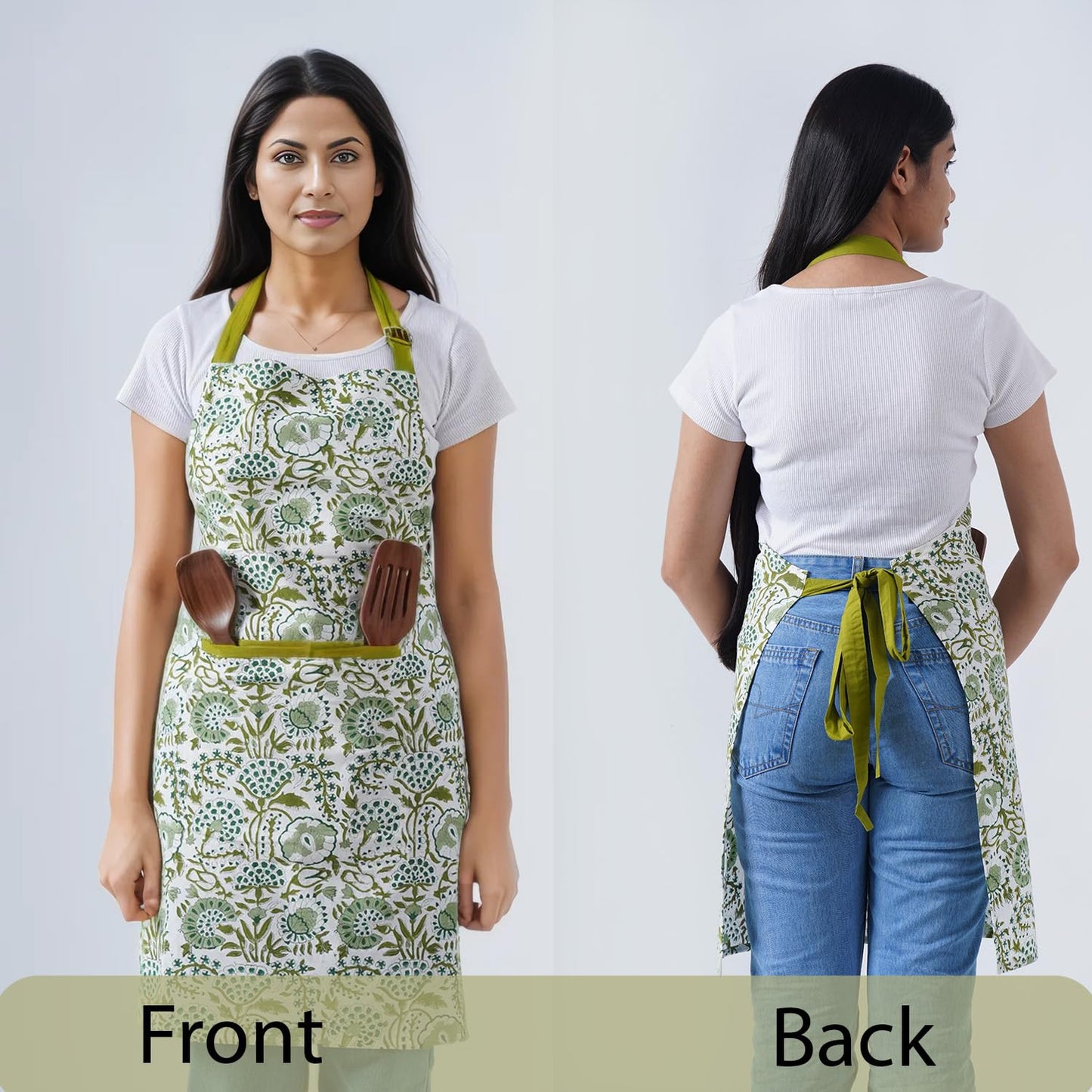 CPC Agate Green 100% Cotton Block Print Kitchen Apron with an Adjustable Neck with Long Ties for Women Men Chef-Handmade Cooking Apron Gift For Spring, Mother's Day